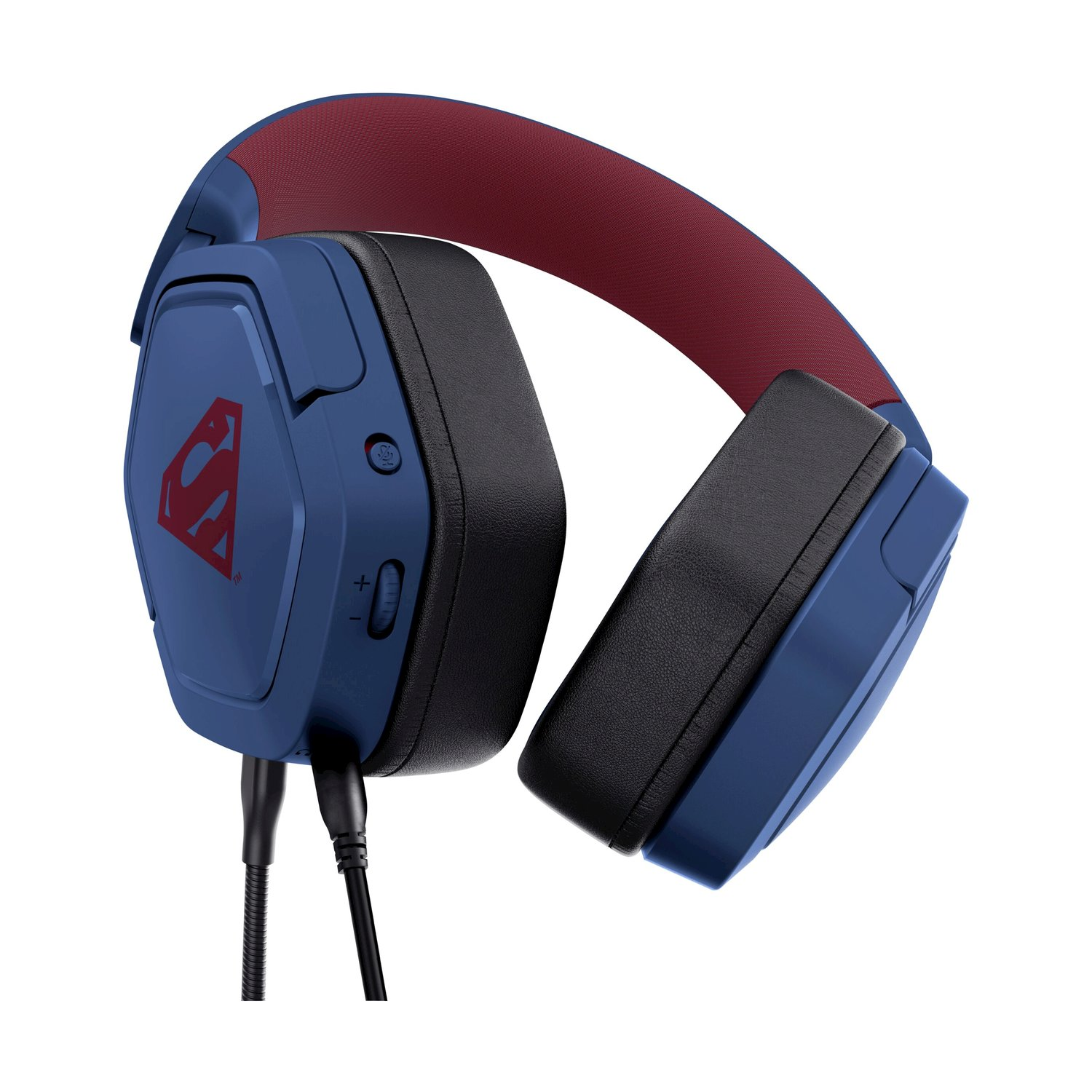 Cuffie blu di Superman con dettagli rossi. Logo di Superman sul lato. Cuscinetti neri e fascia imbottita rossa. Cavi neri.