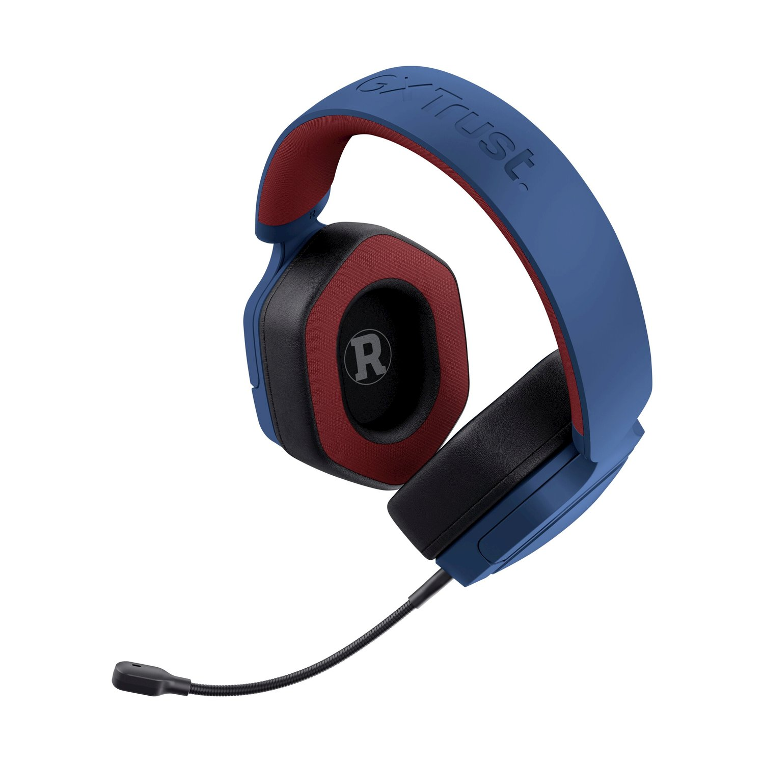 Cuffie da gioco blu e rosse con microfono. Le cuffie hanno una fascia blu con la scritta "GXT trust".