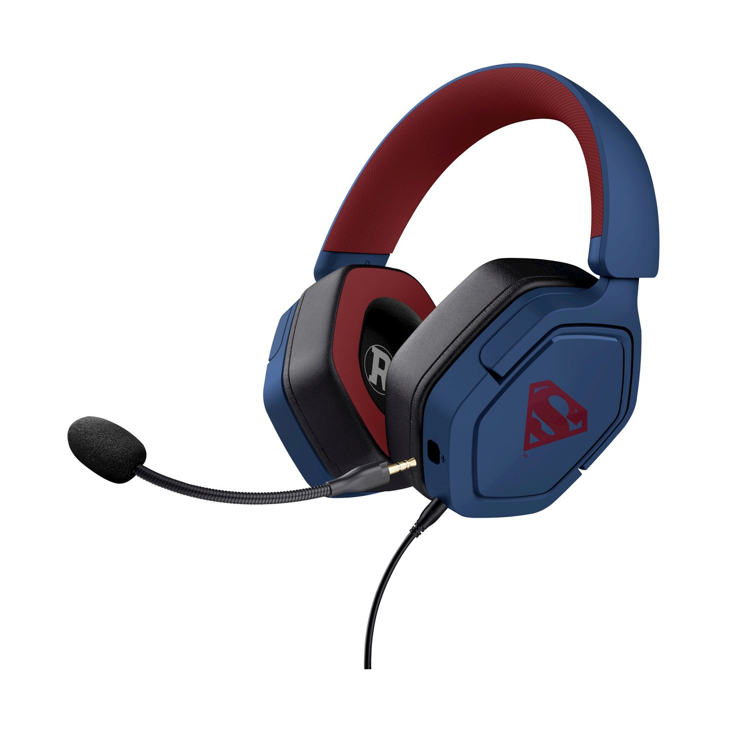 Cuffie da gioco di Superman blu e rosse. Ha un microfono a braccio e il logo di Superman.