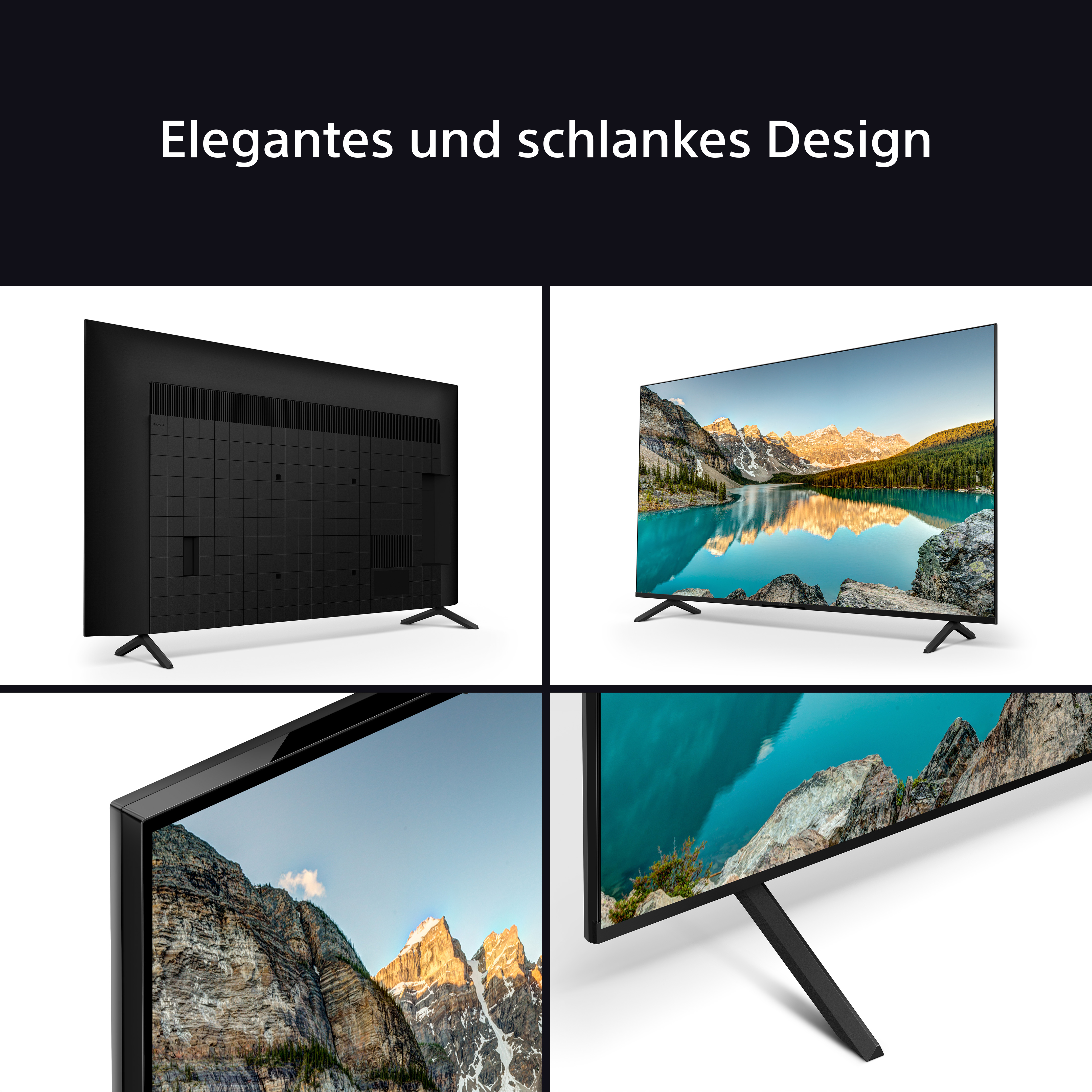 TV zeigt Landschaften, Rückansicht des Fernsehers, Nahaufnahme der Blende und des Ständers. Text: Elegantes und schlankes Design.