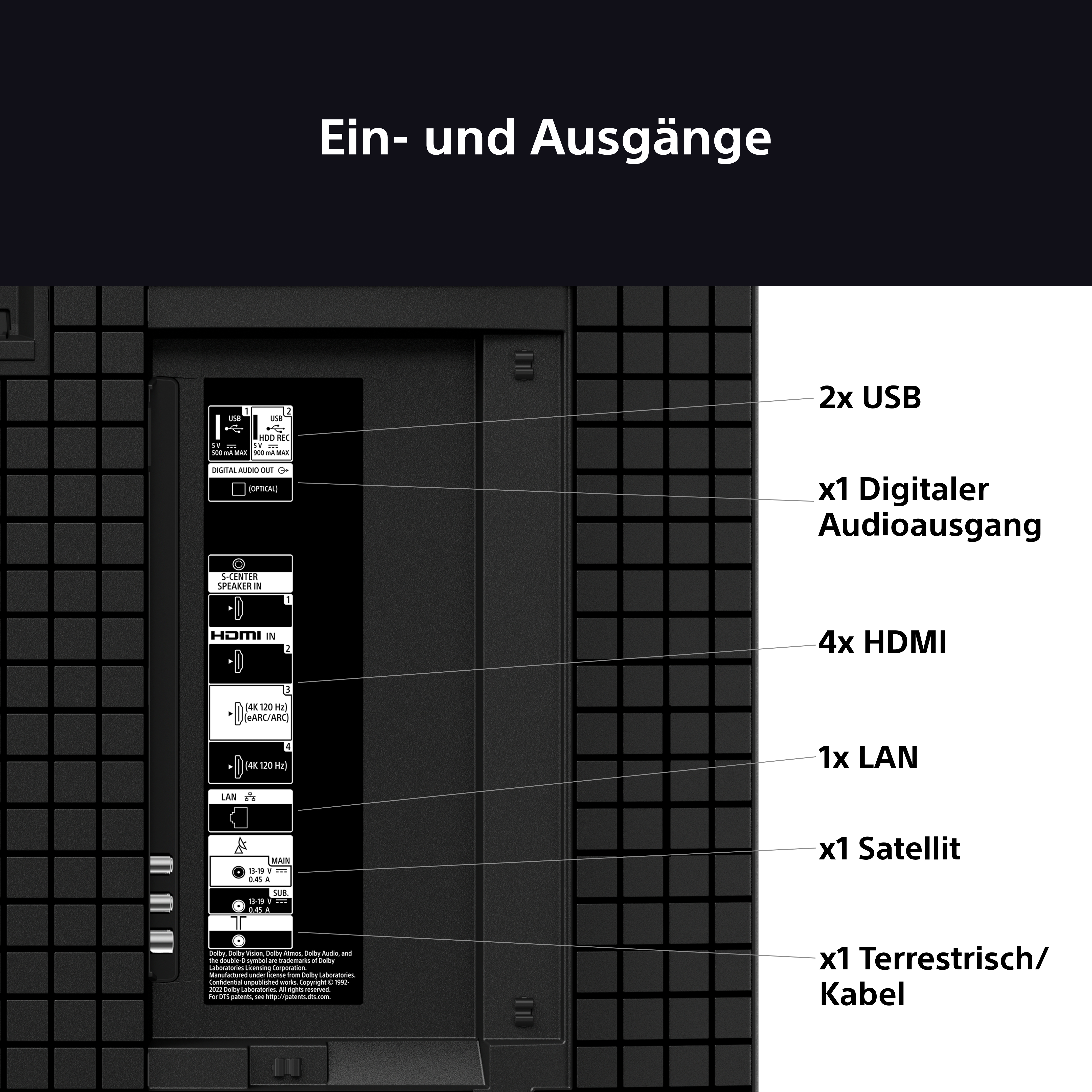 Rückseite eines Fernsehers mit beschrifteten Anschlüssen. HDMI, USB, LAN, digitaler Audioausgang...