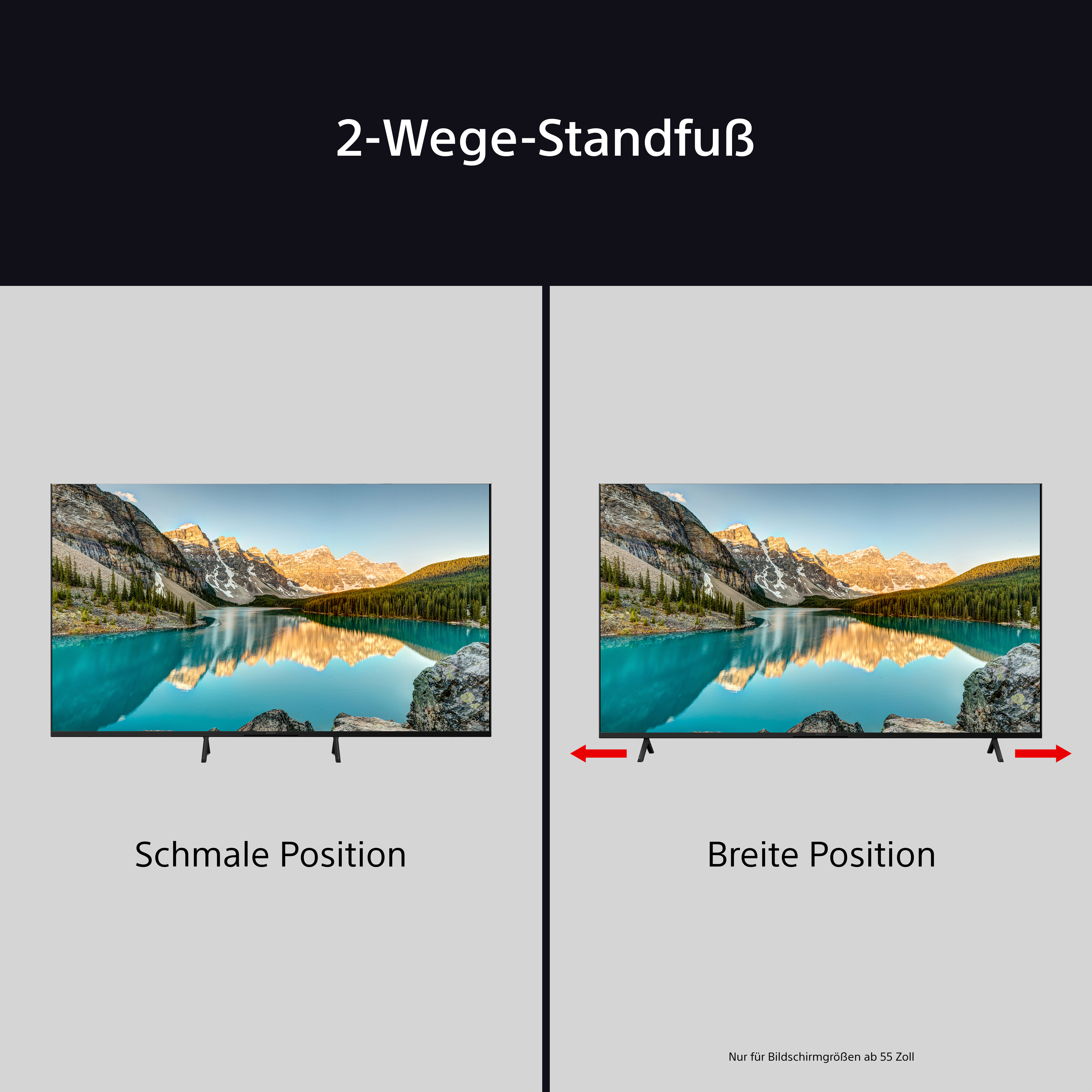 Zwei Fernseher auf grauem Hintergrund, die schmale und breite Positionen zeigen. Text auf Deutsch sichtbar.