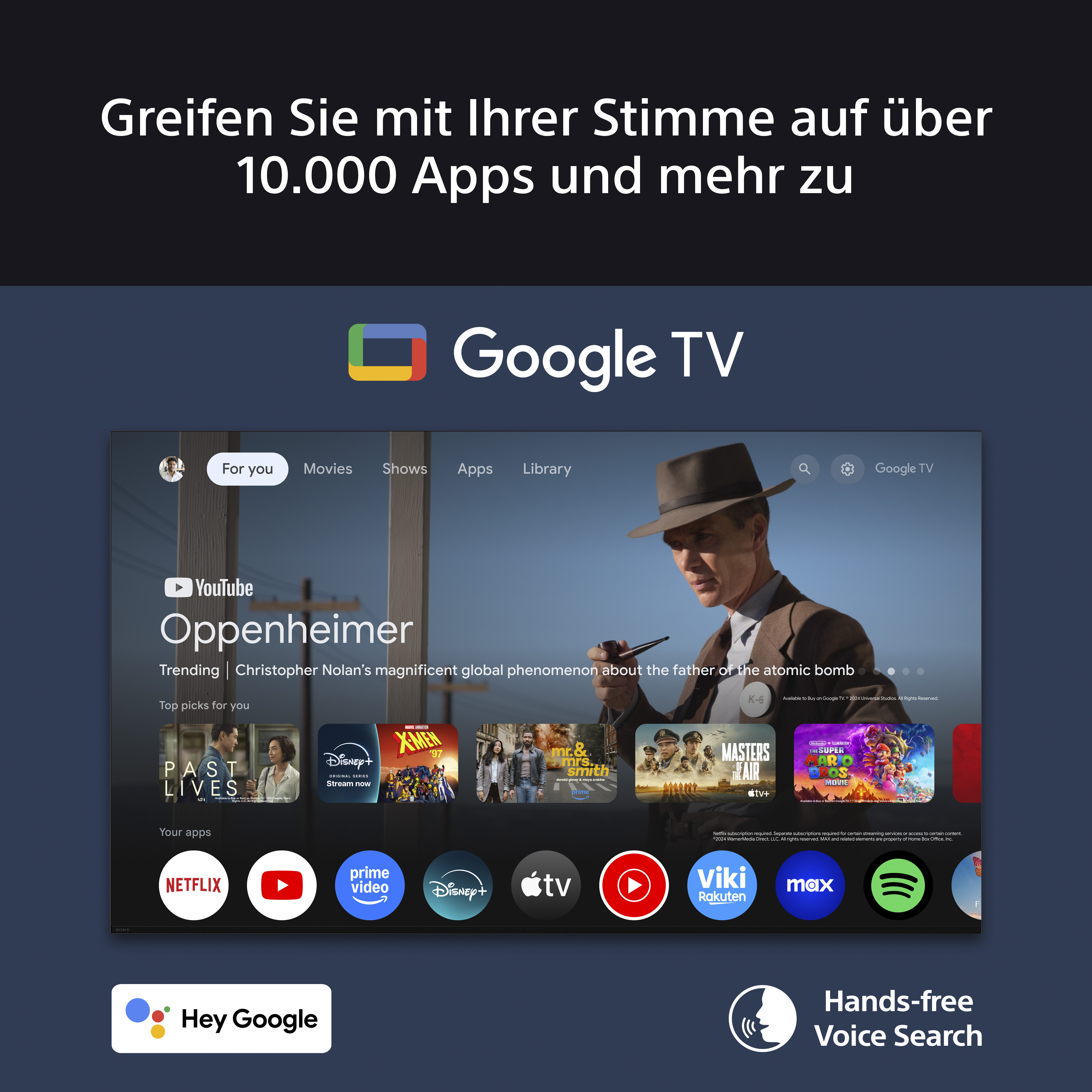 Smart-TV-Oberfläche, die Google TV anzeigt, mit App- und Streaming-Dienstsymbolen.