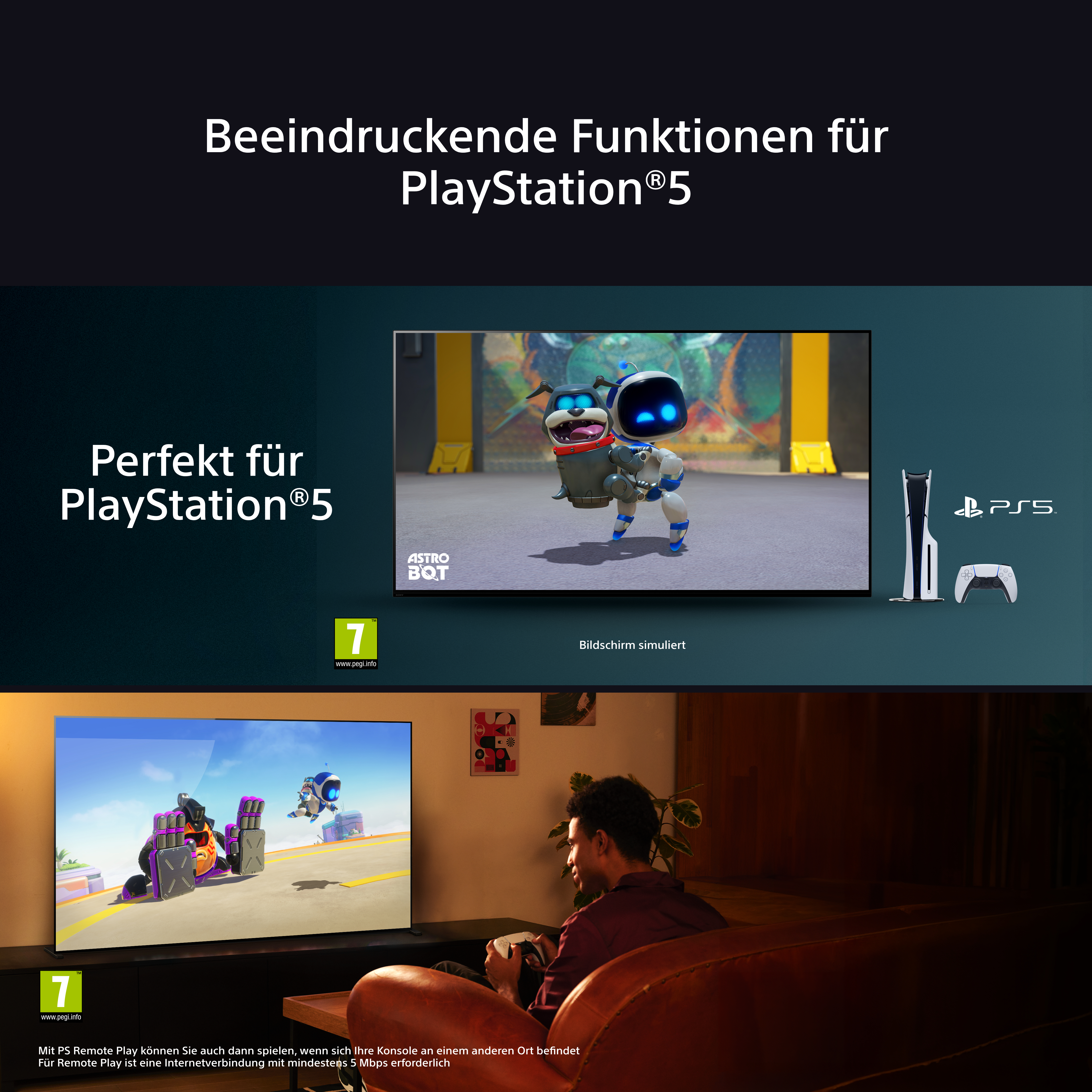Werbebild mit TV-Bildschirmen, Spielfiguren und einer PlayStation.