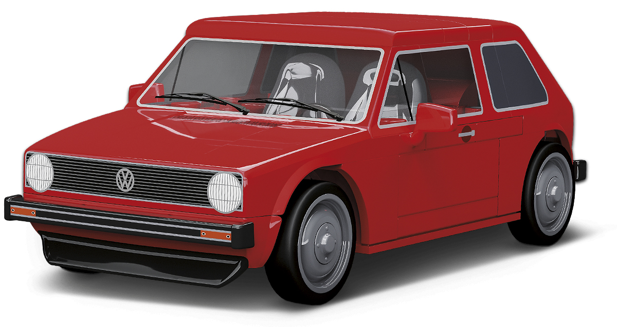 Rotes Volkswagen Golf Spielzeugauto, isoliert auf Weiß, mit sichtbaren Details und Reflexionen.