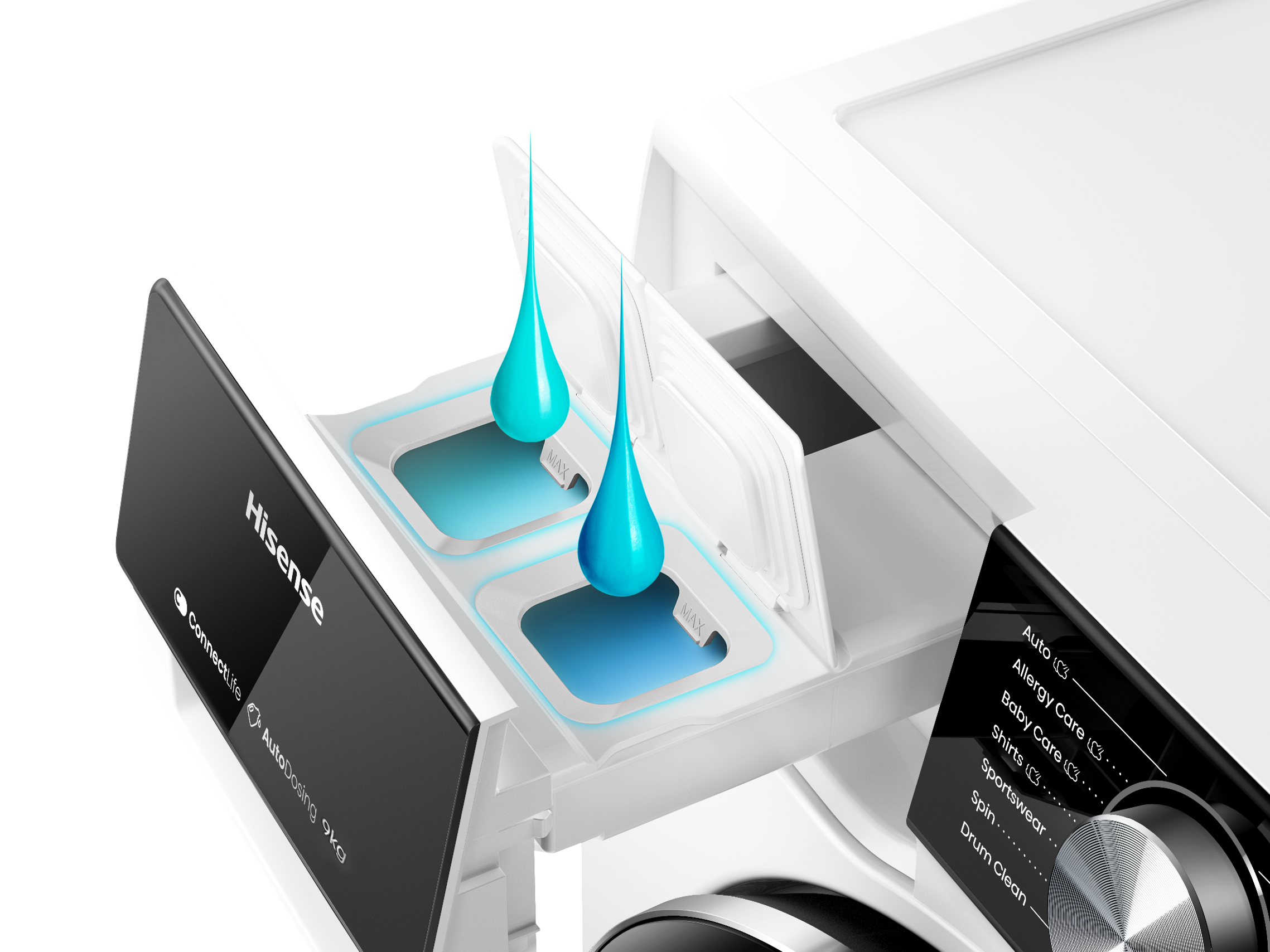 Detail einer weißen Waschmaschine. Schublade geöffnet mit blauer Flüssigkeit. Hisense-Logo sichtbar.