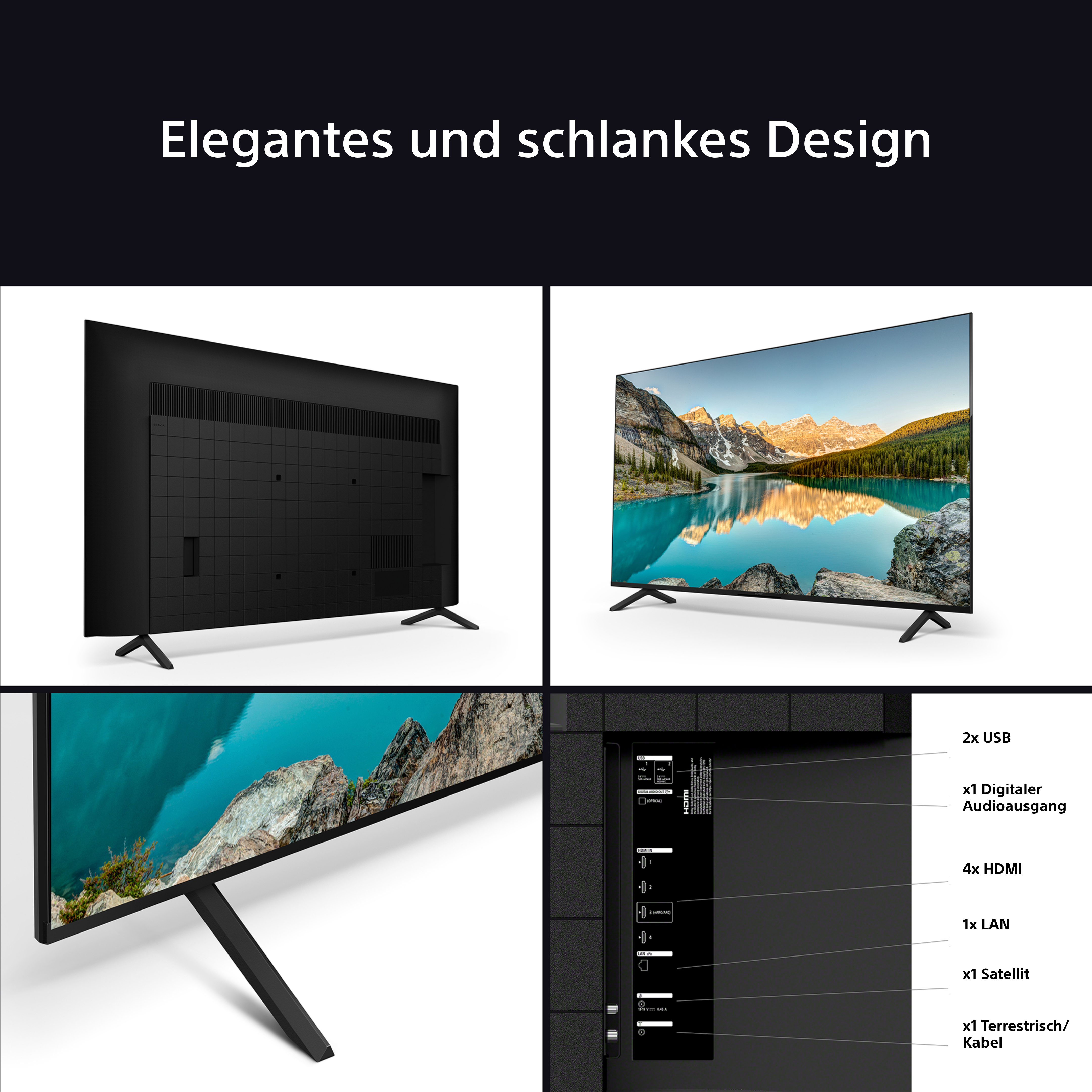 TV-Bildschirm mit Berglandschaft und Nahaufnahmen von Designdetails.