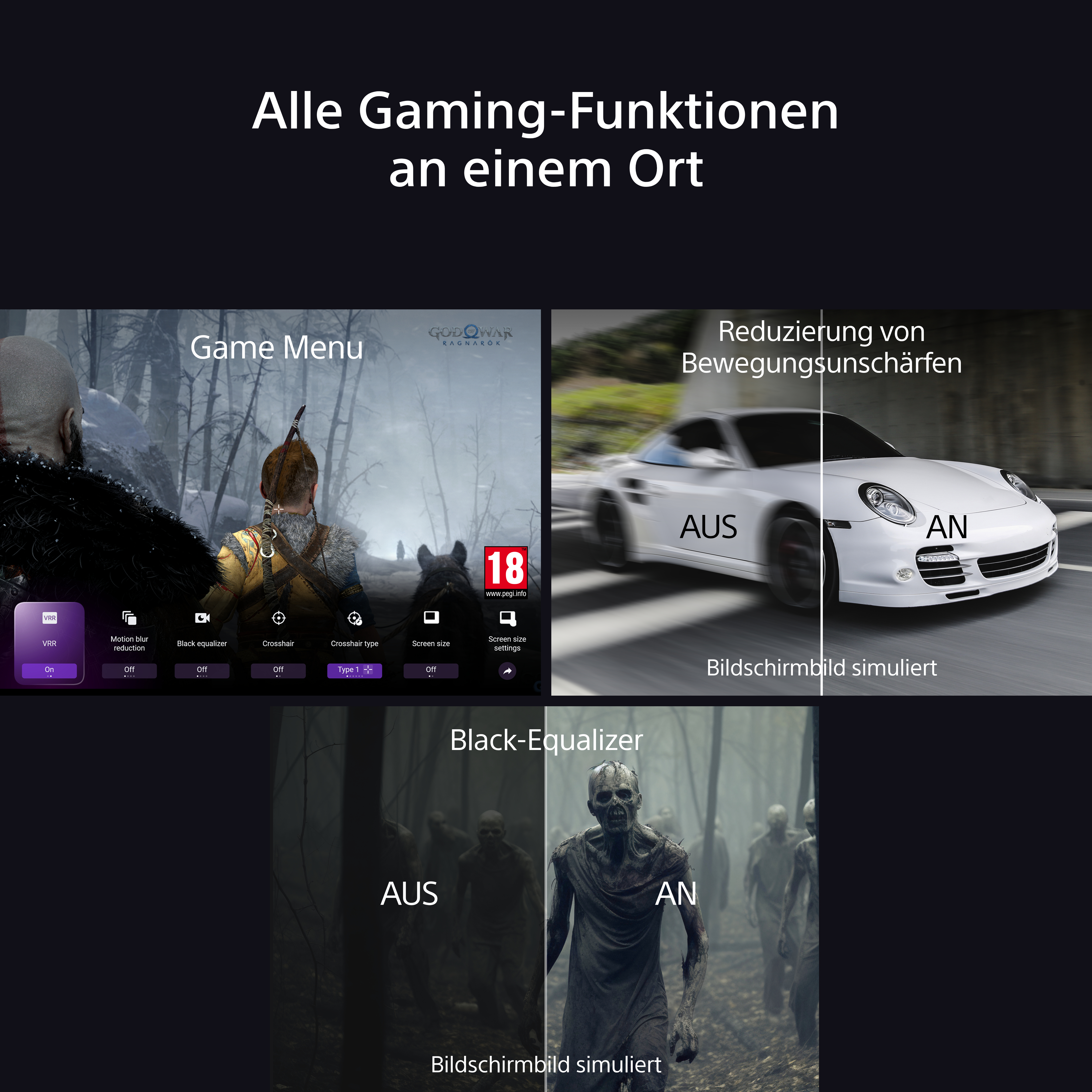 Drei Spielfunktionen: Spielmenü, Bewegungsunschärfereduzierung und Black Equalizer, mit Ein-/Aus-Optionen.
