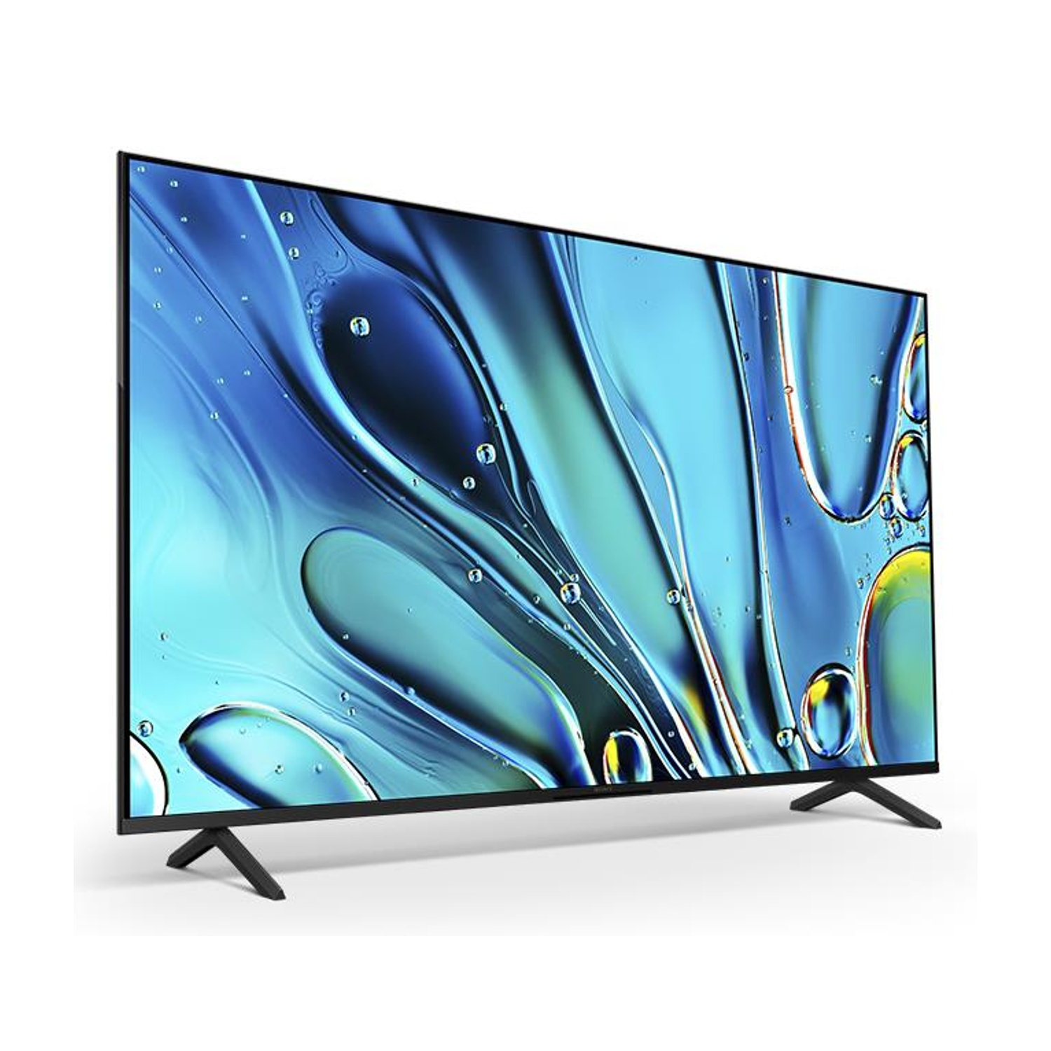 TV con acqua blu e bolle sullo schermo. Cornice e supporto neri. Sfondo bianco.