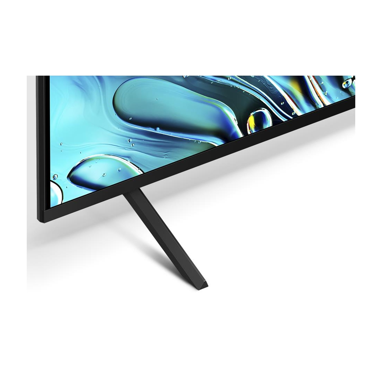 Parte di una TV nera con supporto, mostra uno schermo con goccioline d'acqua.