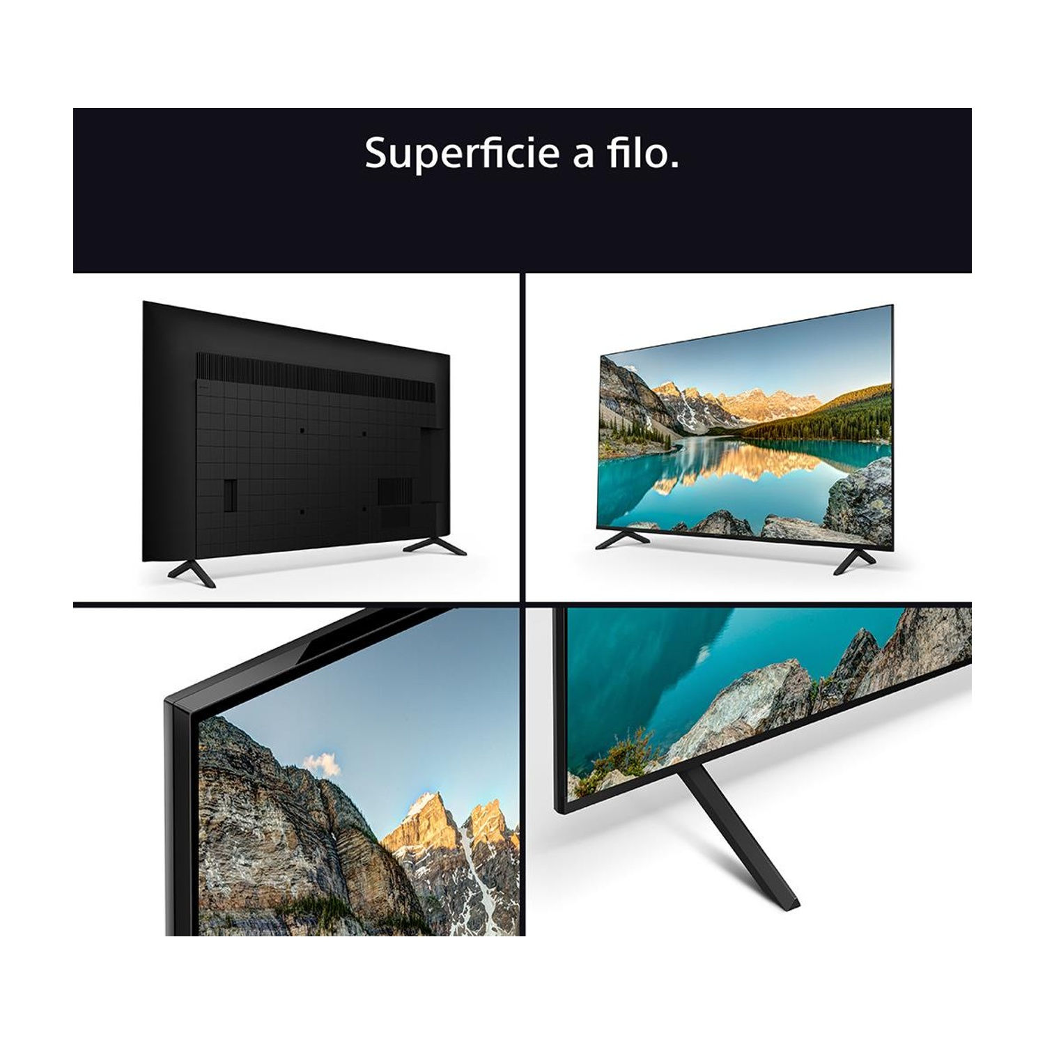 TV vista da più angolazioni: retro, lato e fronte con paesaggio montano.