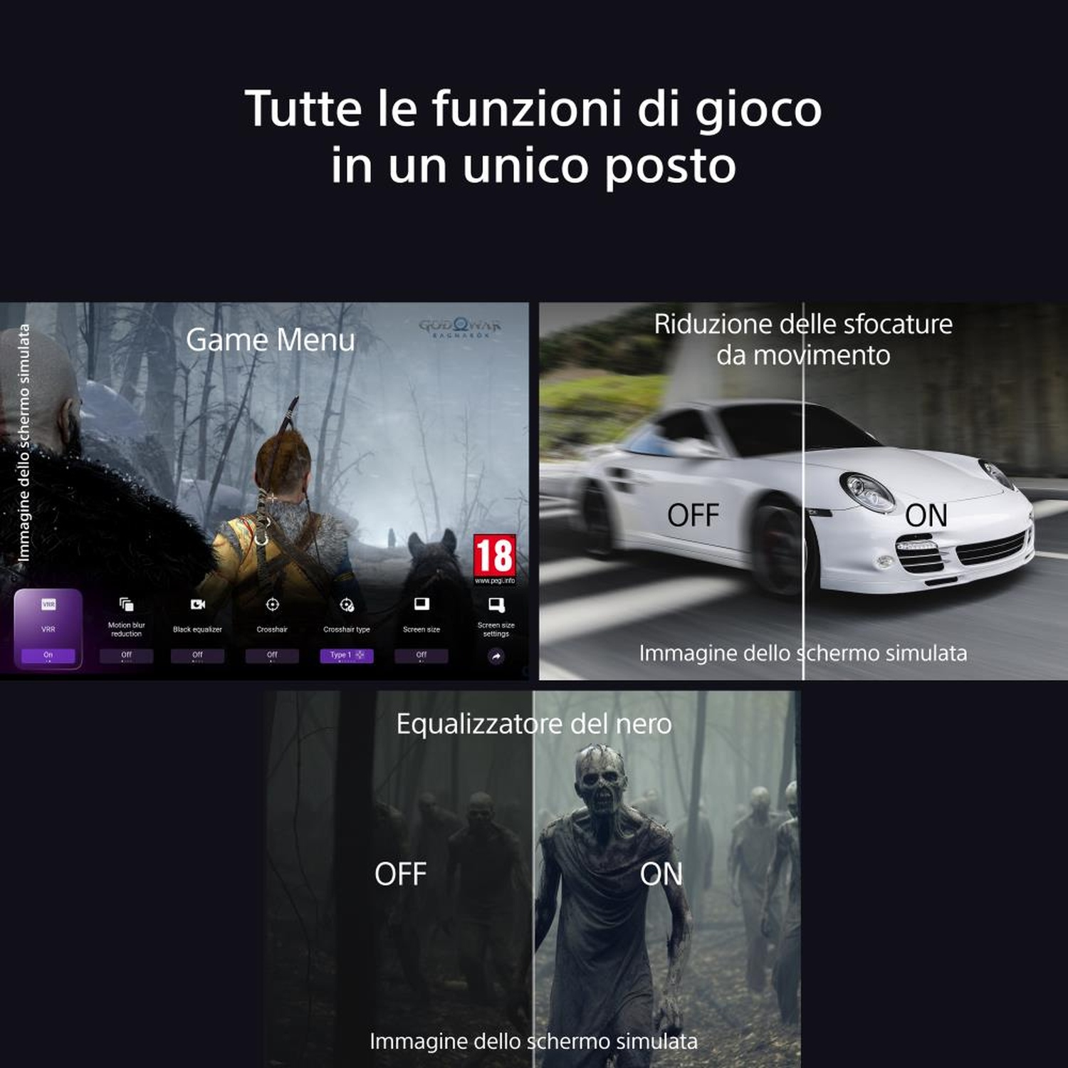 Immagine che confronta le funzionalità di gioco. Menu di gioco, riduzione sfocatura movimento, equalizzatore nero on/off.