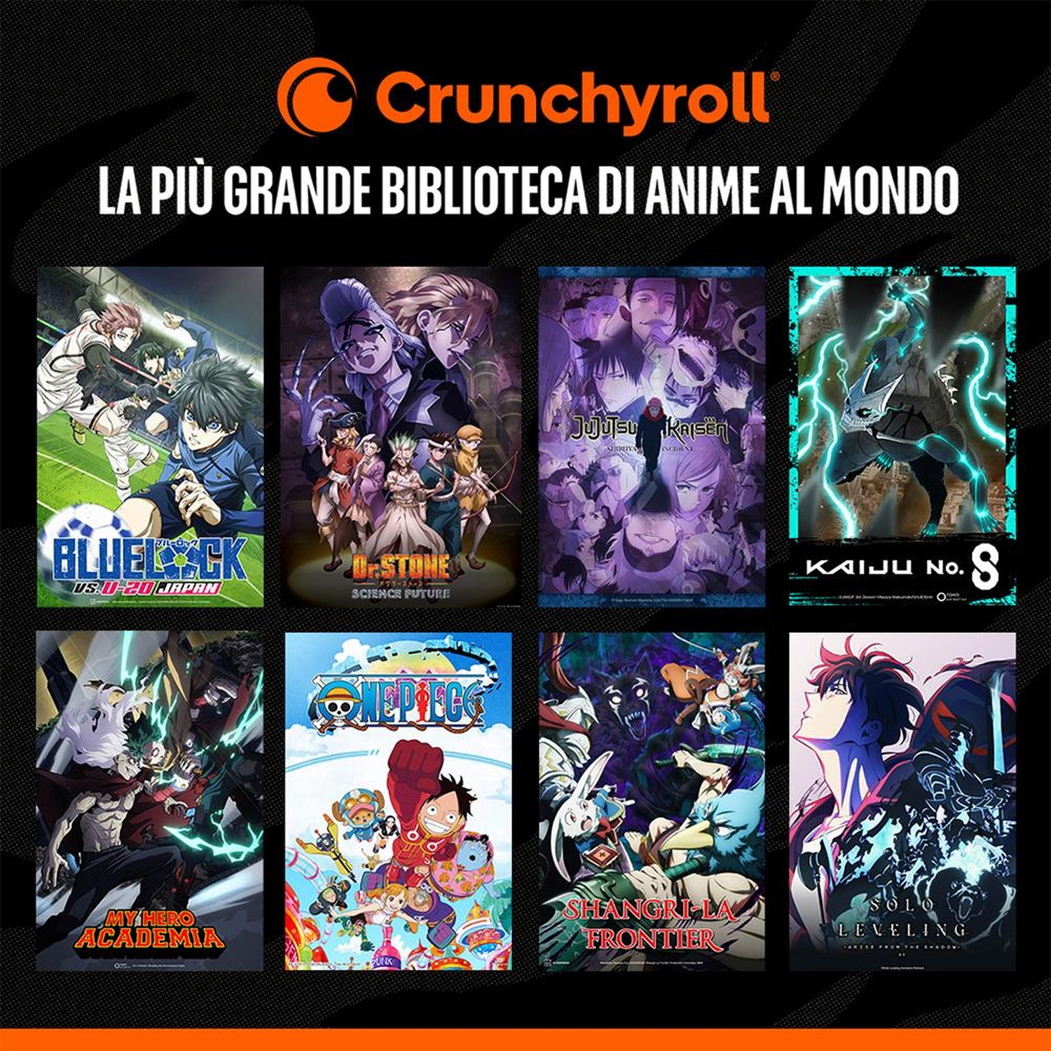 Logo Crunchyroll con copertine di anime. Testo: 'La più grande biblioteca di anime al mondo'.