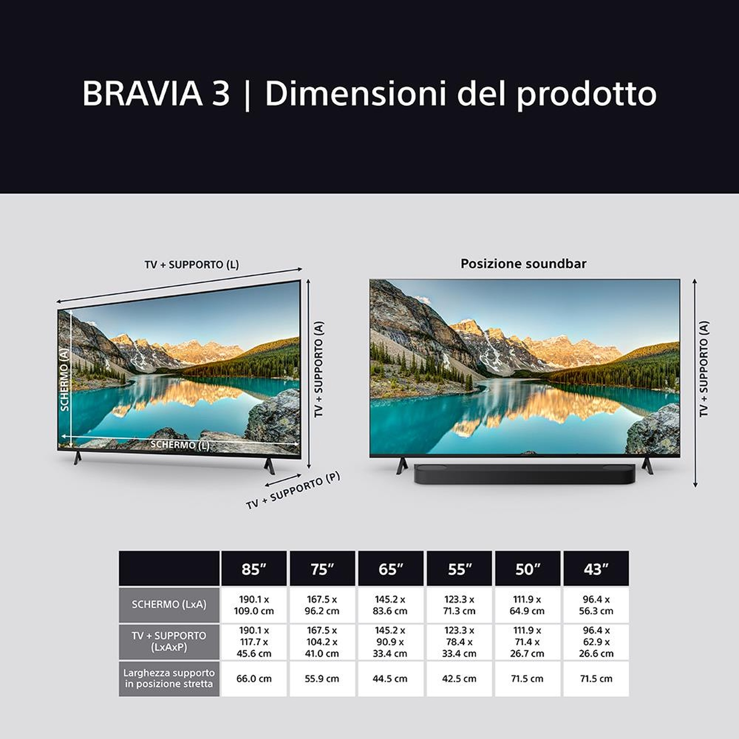 Tabella delle dimensioni TV con varie misure. Due TV sono mostrati a destra.