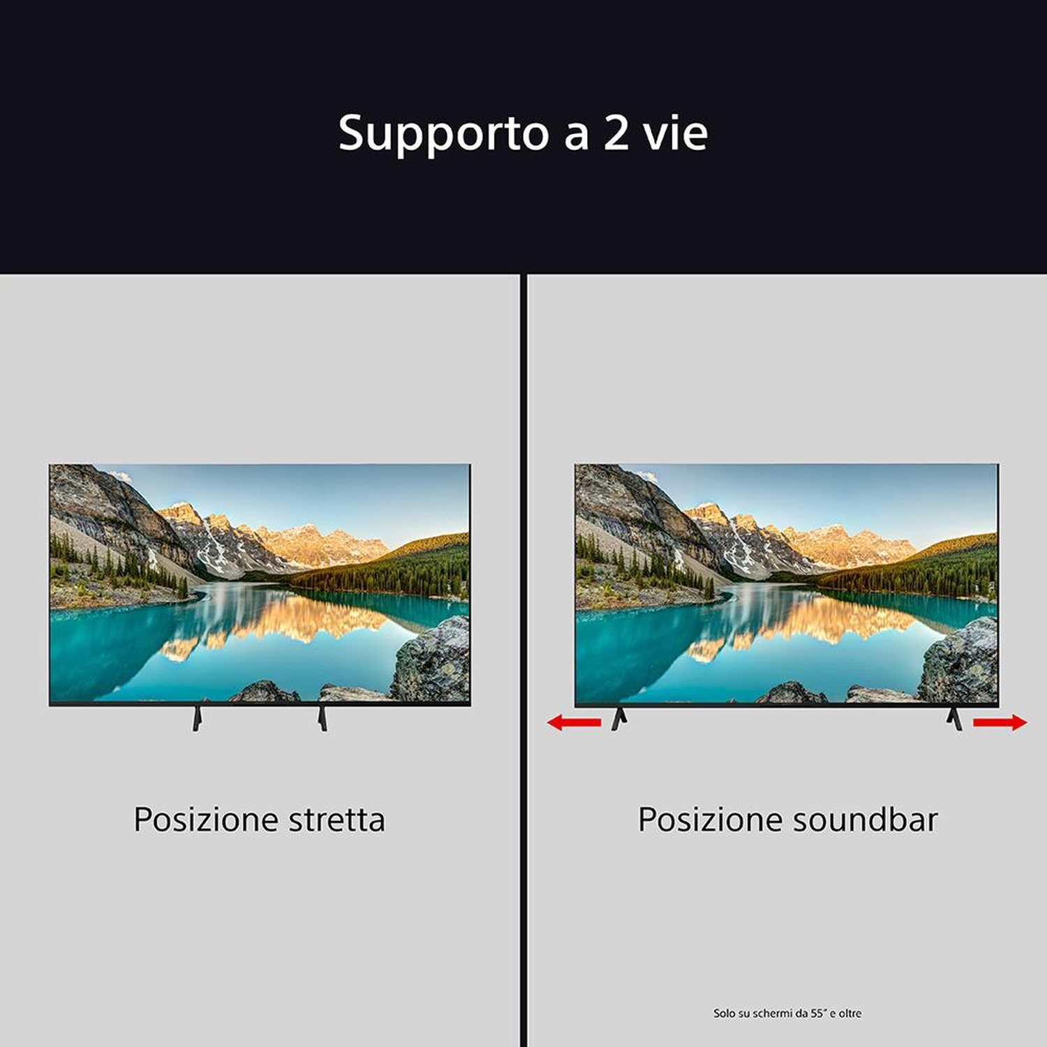 Due TV affiancate, che mostrano posizioni del supporto strette e soundbar. Lo sfondo è scuro.