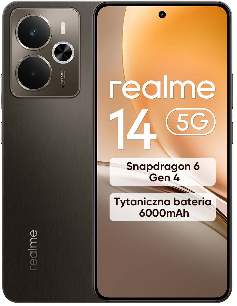 Czarny telefon Realme z trzema aparatami i ekranem z tekstem o Snapdragonie i baterii.