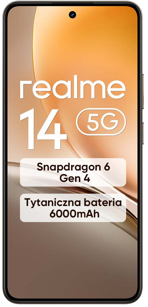 Smartfon Realme 14 5G z tekstem na ekranie o funkcjach i specyfikacjach.