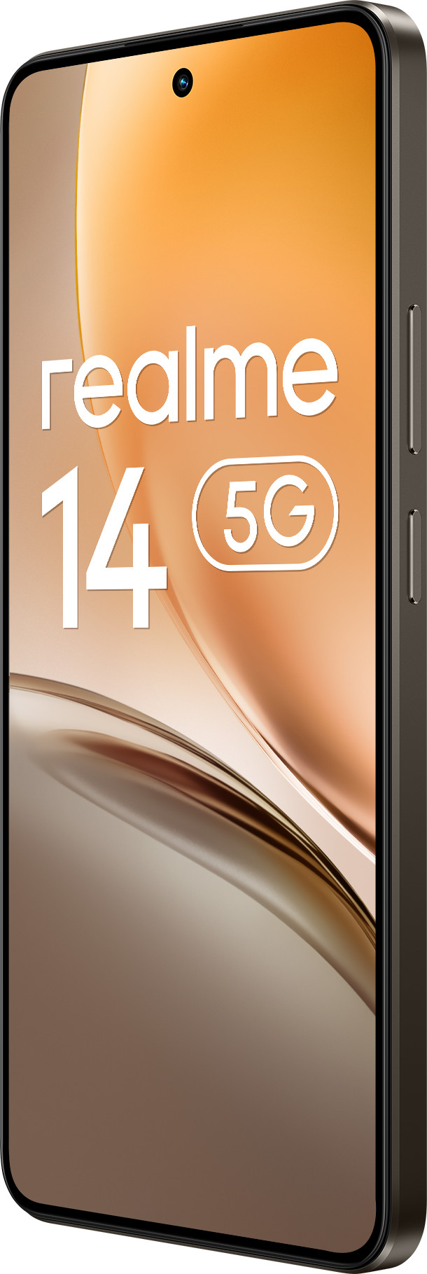 Zbliżenie smartfona z tekstem realme 14 5G na ekranie.