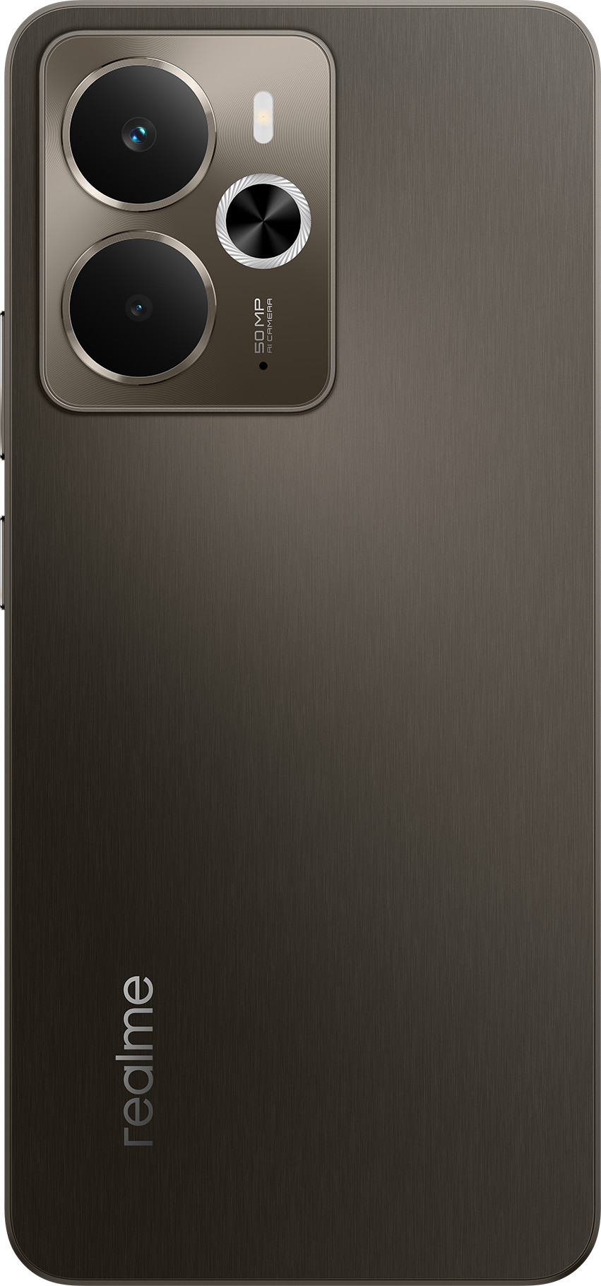 Widok z tyłu brązowego telefonu Realme z trzema obiektywami i nazwą marki.