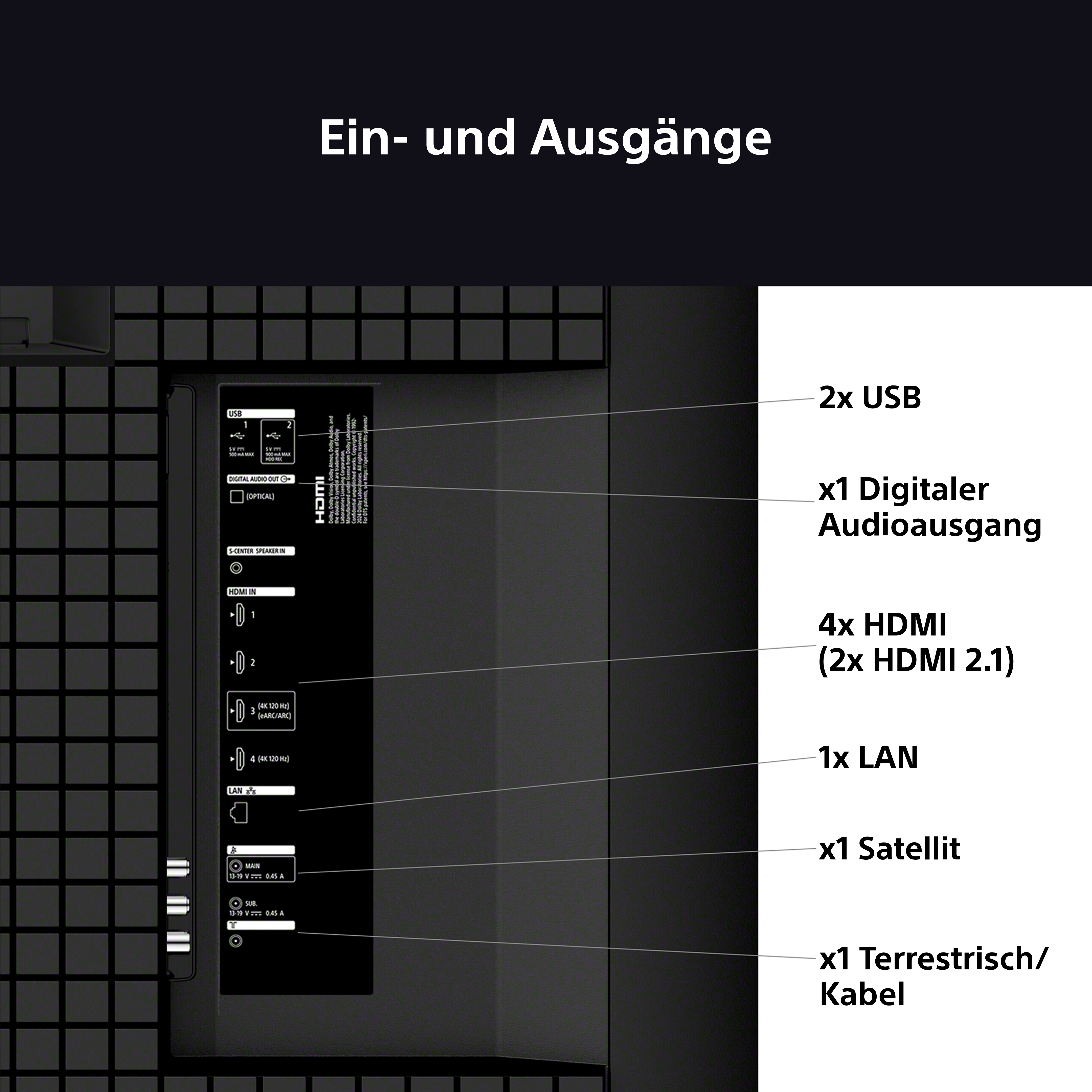 Nahaufnahme von TV-Anschlüssen, einschließlich USB, LAN, HDMI und Antenneneingängen. Deutsch.