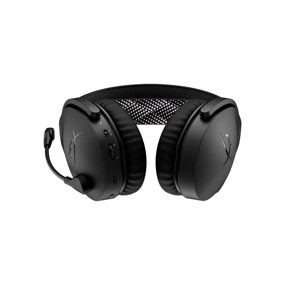 Schwarzes Gaming-Headset mit Mikrofon. Es hat ein schlankes Design mit verschiedenen Knöpfen und einem Logo auf den Ohrmuscheln.