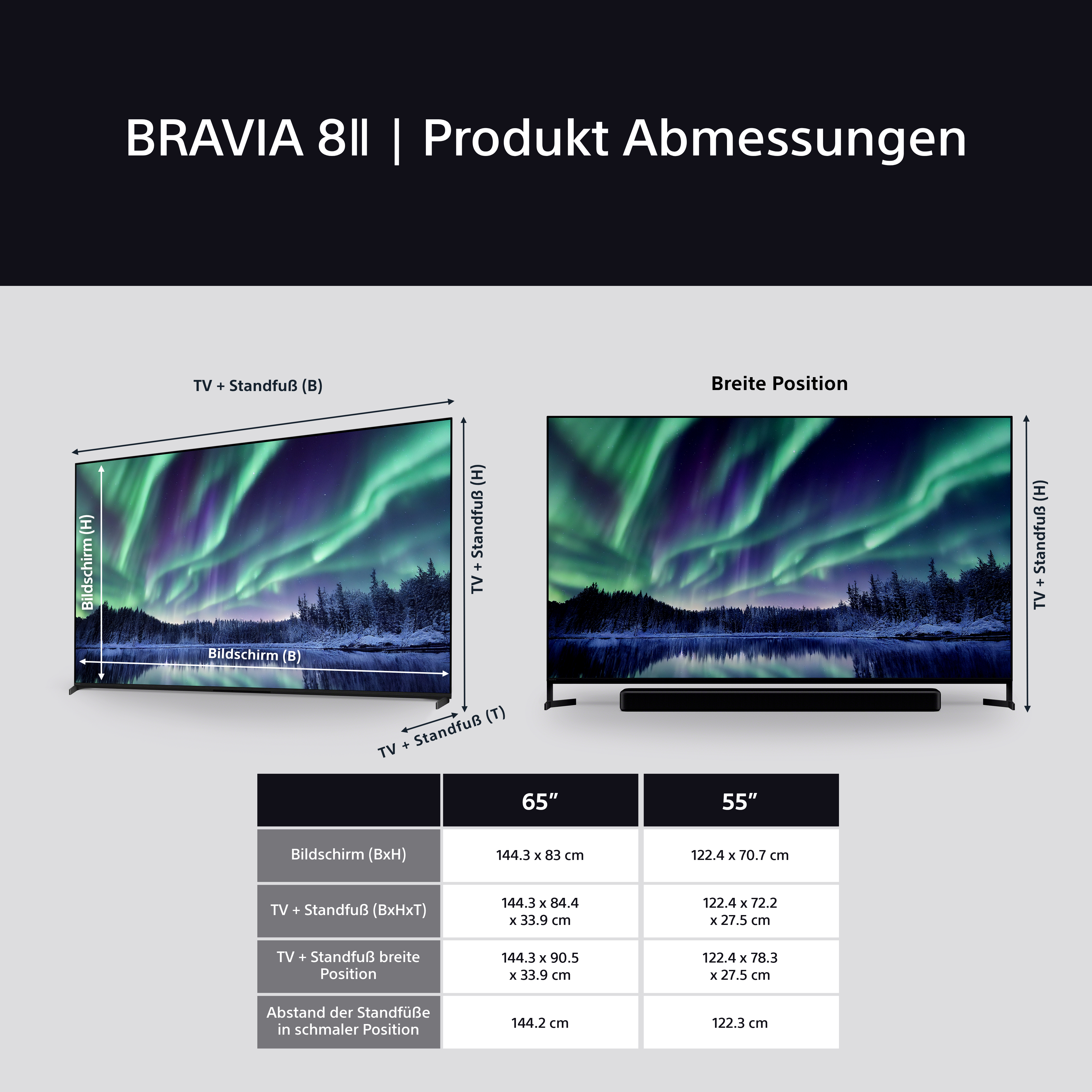 Diagramm eines Fernsehers mit Abmessungen. Der Fernsehbildschirm zeigt farbenfrohe Polarlichter.