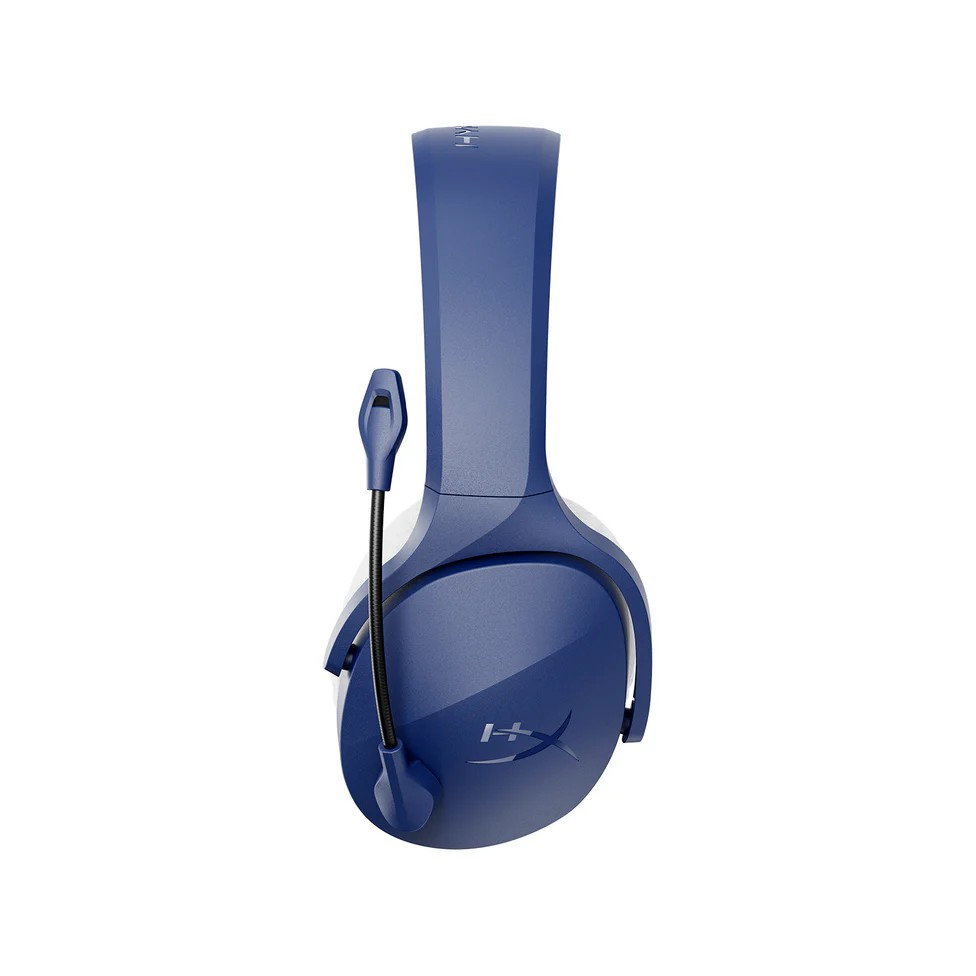 Ein blaues Gaming-Headset mit Mikrofon. Das Headset hat das HyperX-Logo auf der Ohrmuschel, vor weißem Hintergrund.