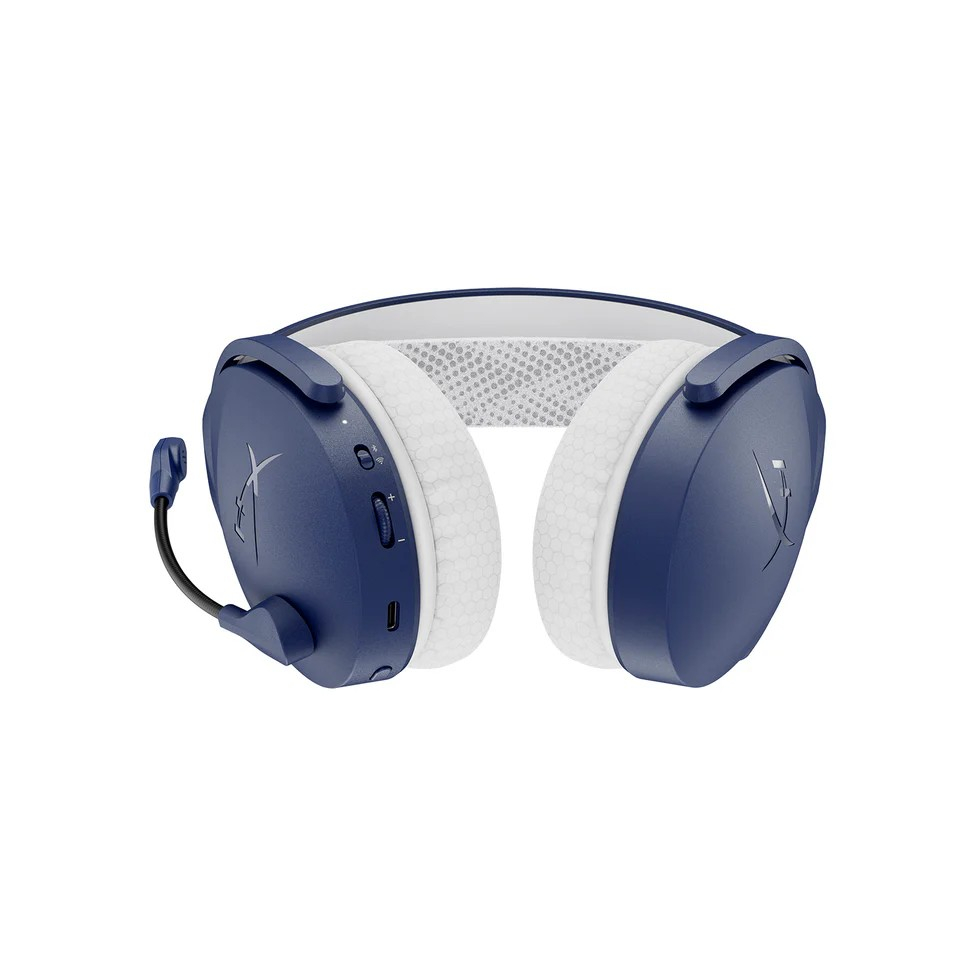 Blau-weißes Gaming-Headset, Vorderansicht. Zu den Merkmalen gehören ein Mikrofon, Lautstärkeregler und Ohrmuscheln mit weißer Polsterung.