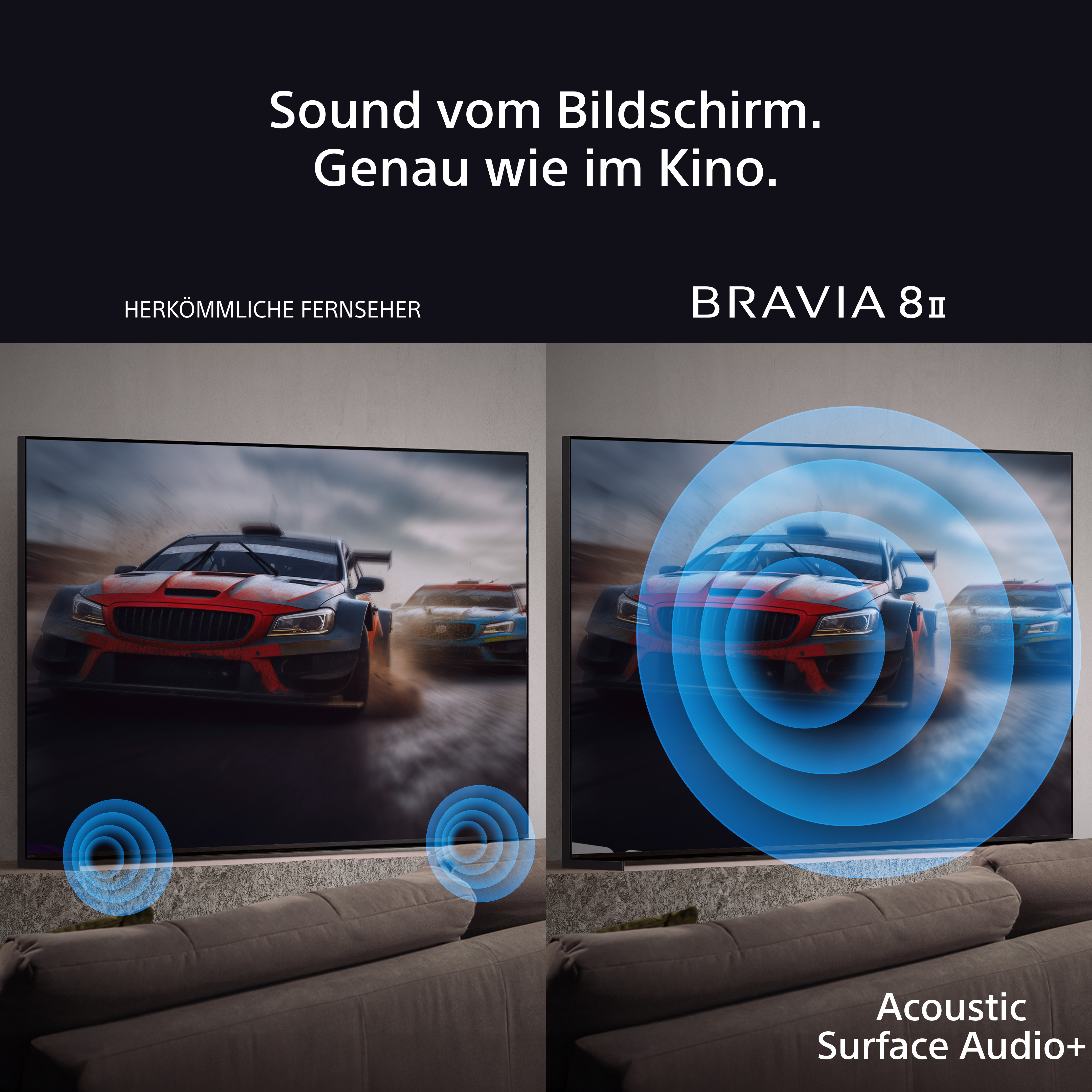 Zwei Fernseher mit Autorennen. Text: Ton vom Bildschirm, genau wie im Kino.