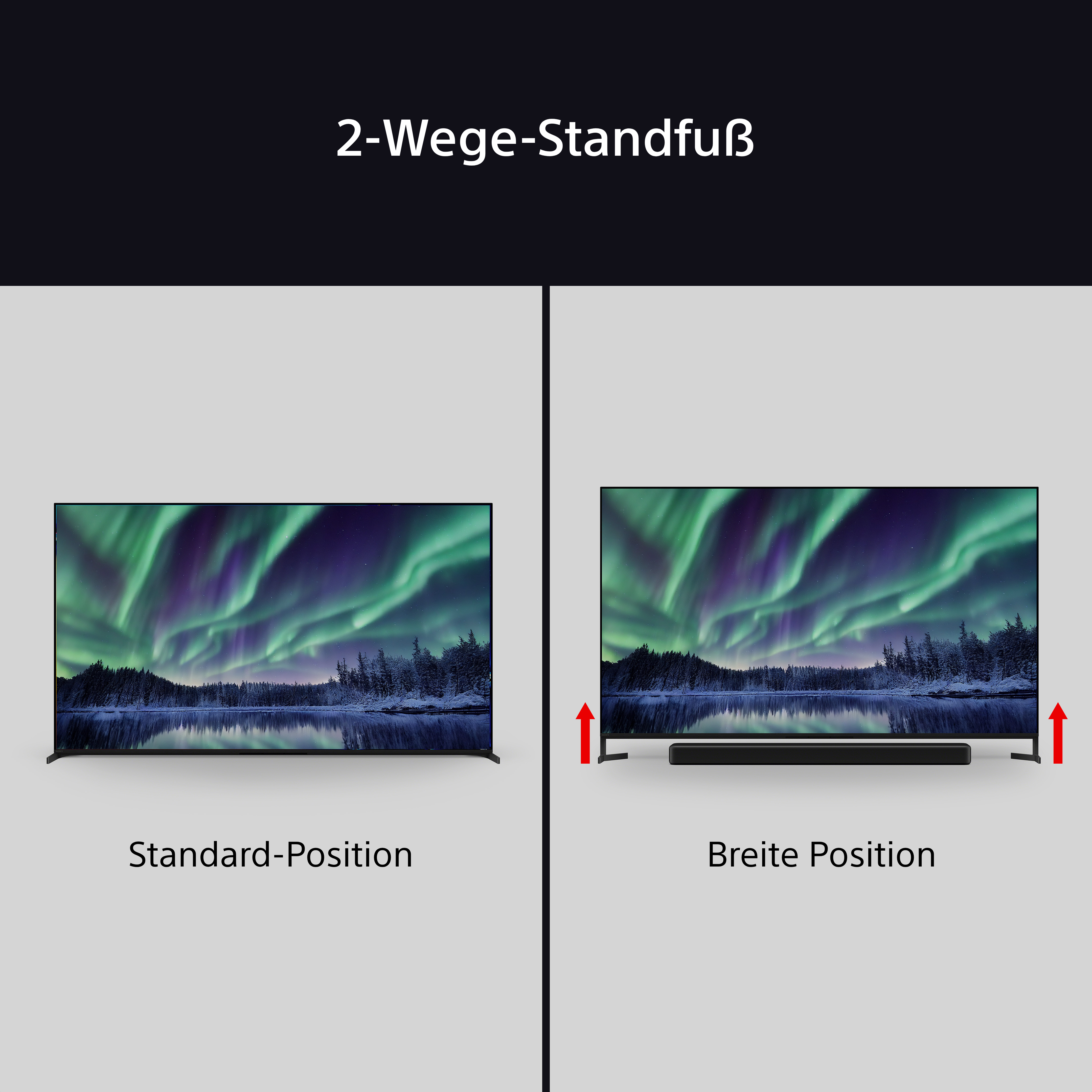 Zwei Fernseher nebeneinander, Standard- und Breitposition, mit roten Pfeilen.