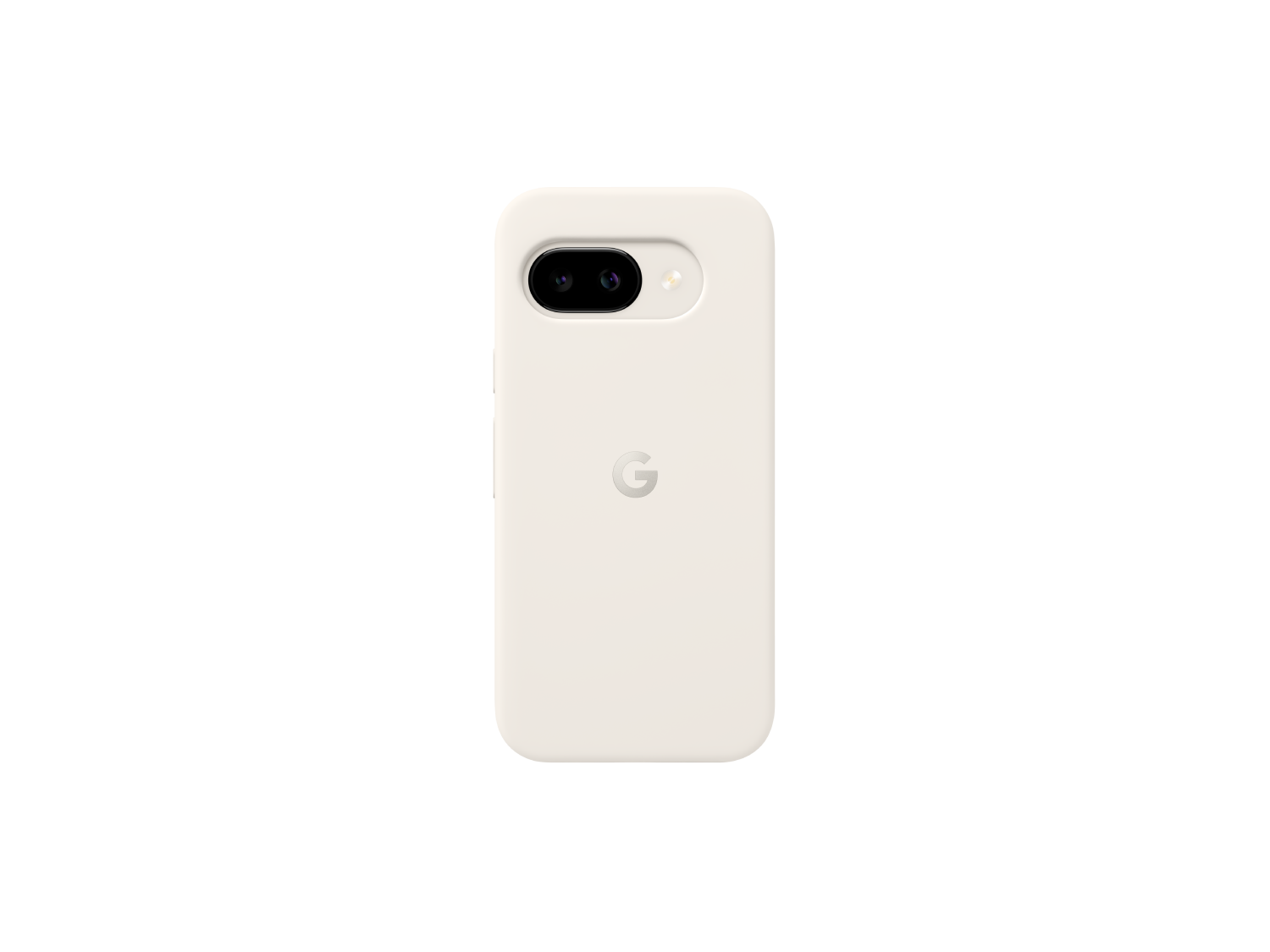 Funda de teléfono blanquecina, dos lentes de cámara, logotipo de Google.
