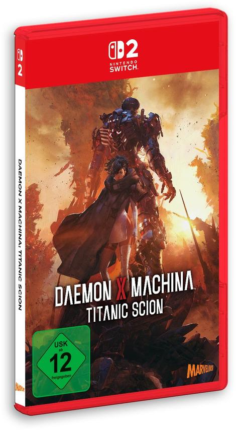 Videospielbox mit futuristischer Illustration. Das Spiel heißt Daemon X Machina.