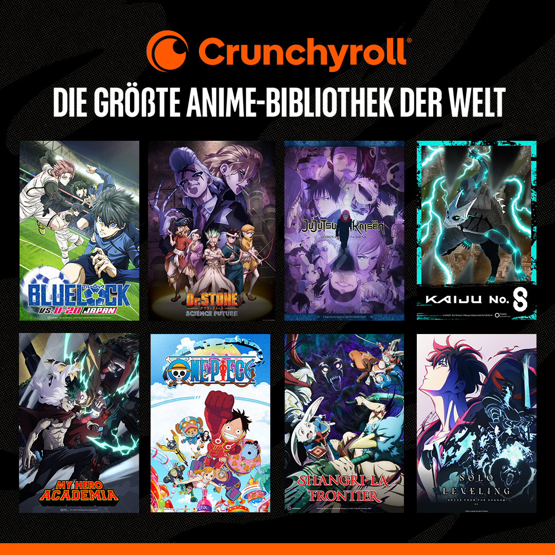 Crunchyroll-Werbung mit Anime-Postern. Text lautet 'Die Grösste Anime-Bibliothek der Welt'.