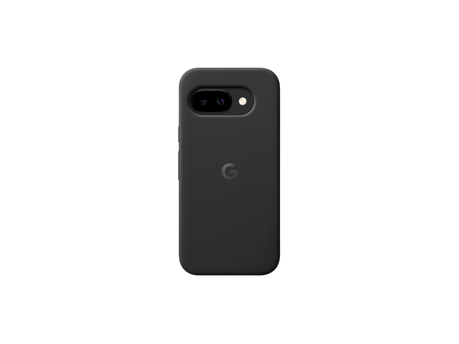 Funda de teléfono negra con el logotipo de Google. Dos lentes de cámara. Fondo negro.