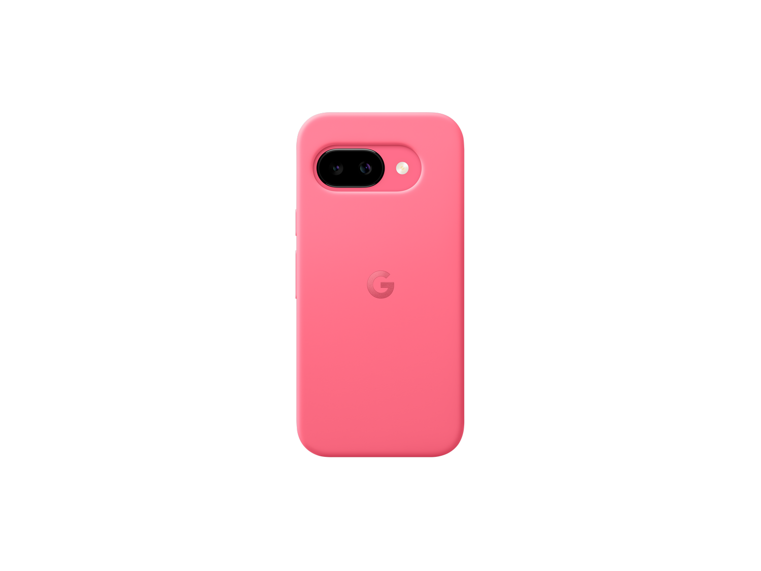 Funda rosa para teléfono Google con recortes para cámara y logotipo de Google en negro.