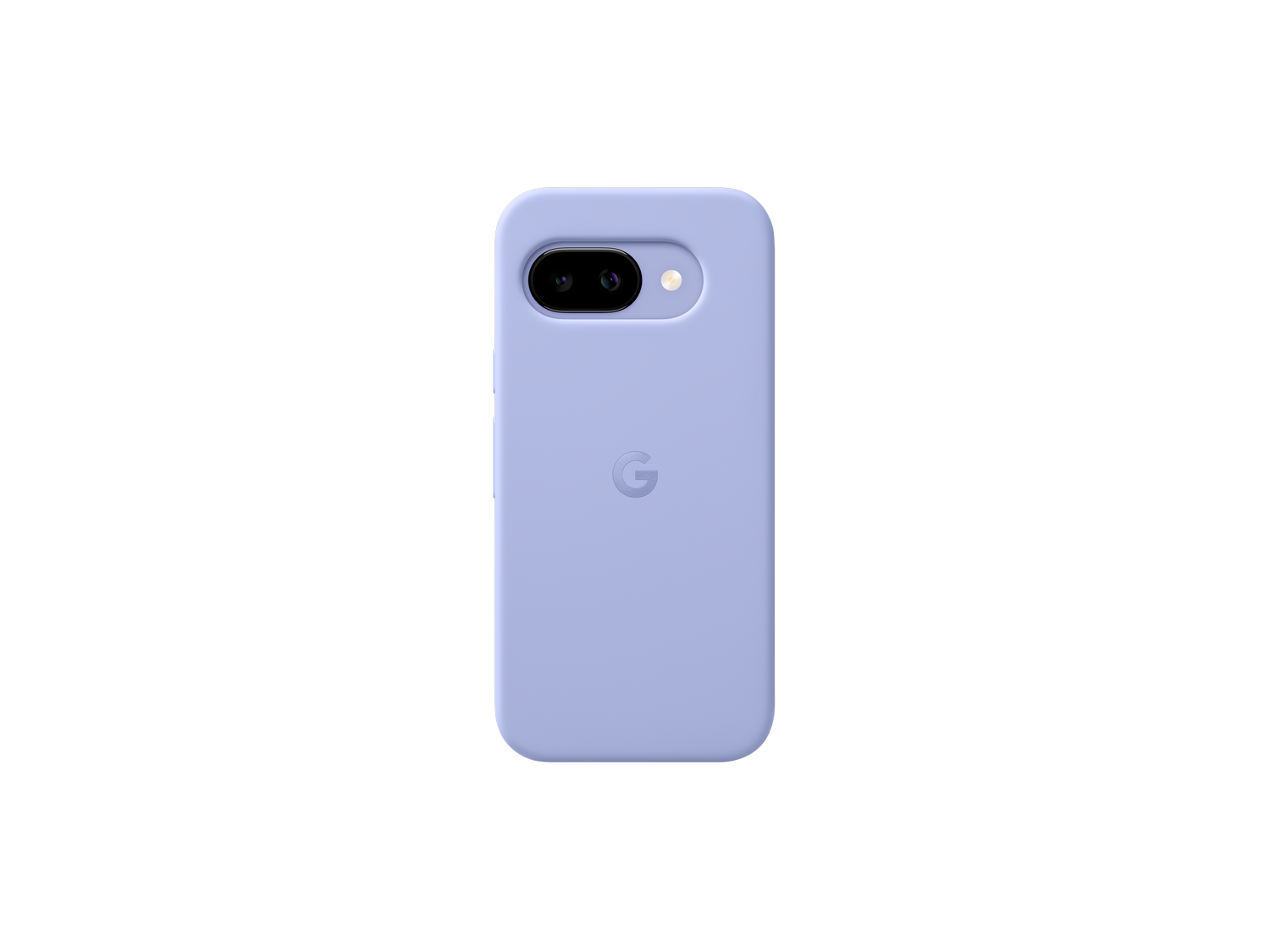 Una funda de teléfono morada clara con el logotipo de Google y recortes para la cámara.