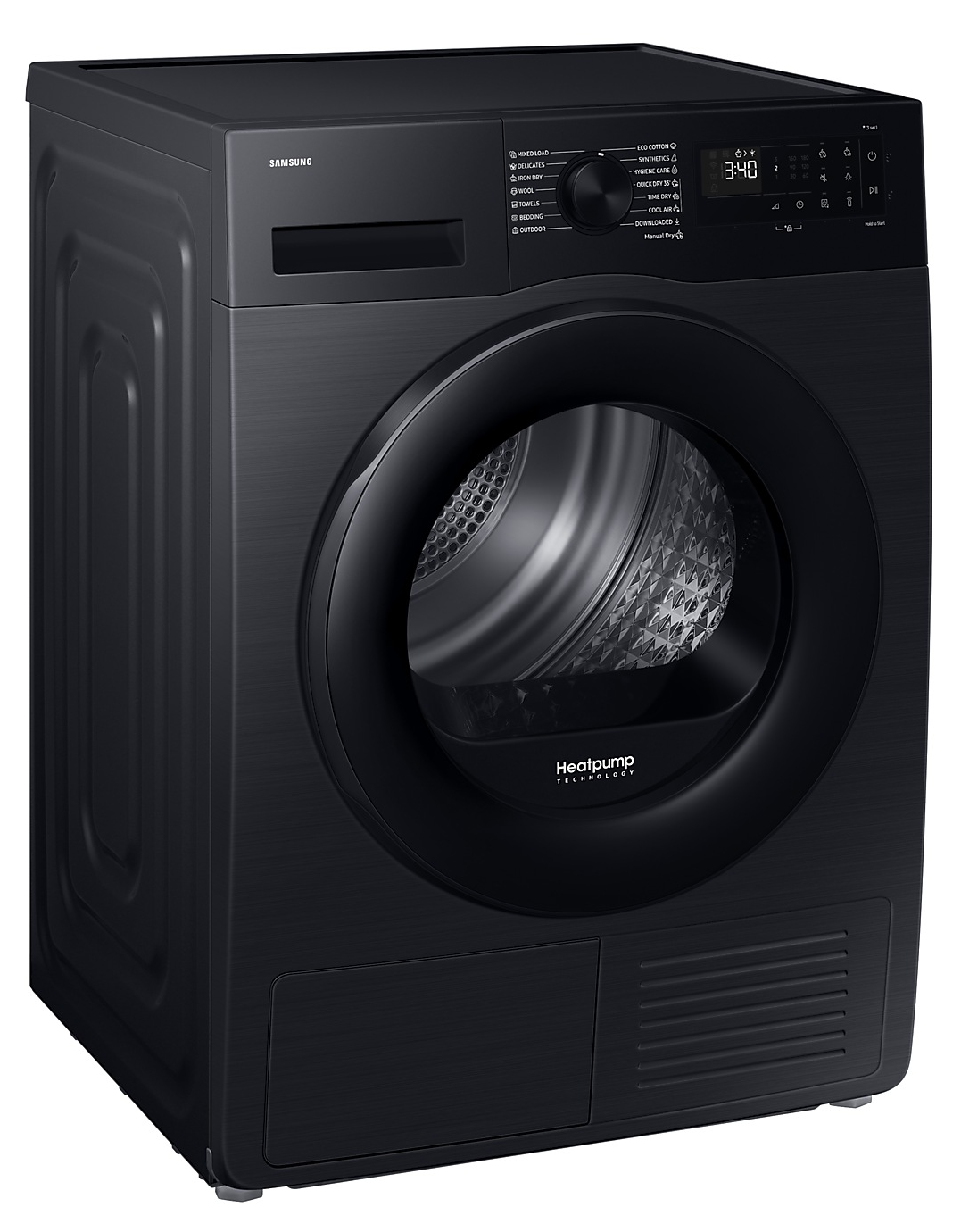 Egy fekete Samsung szárító jobbra van döntve. Kerek ajtaja van.