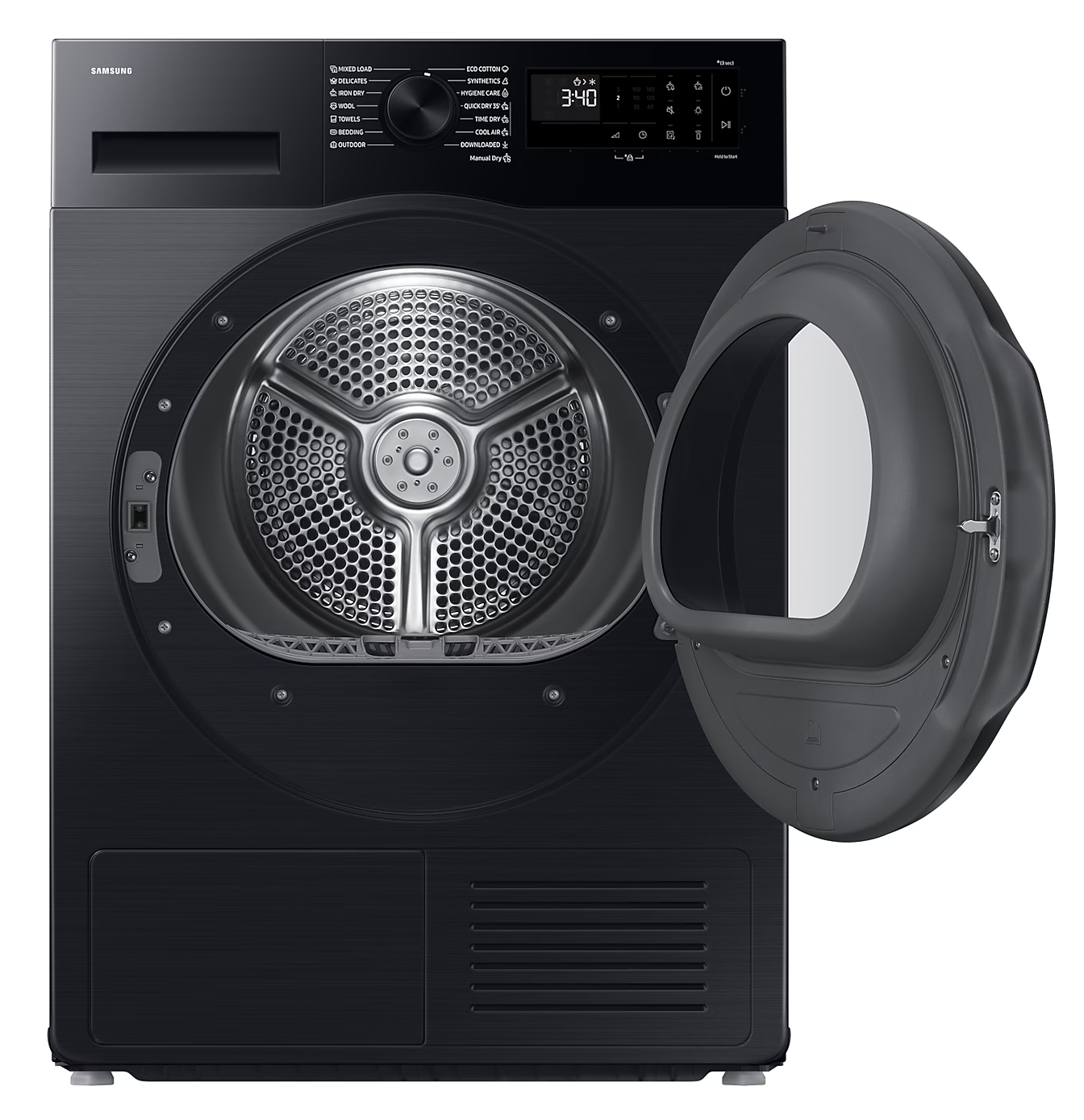 Fekete szárítógép nyitott ajtóval. A dob és a vezérlőpanel látható. Az ajtó szürke.