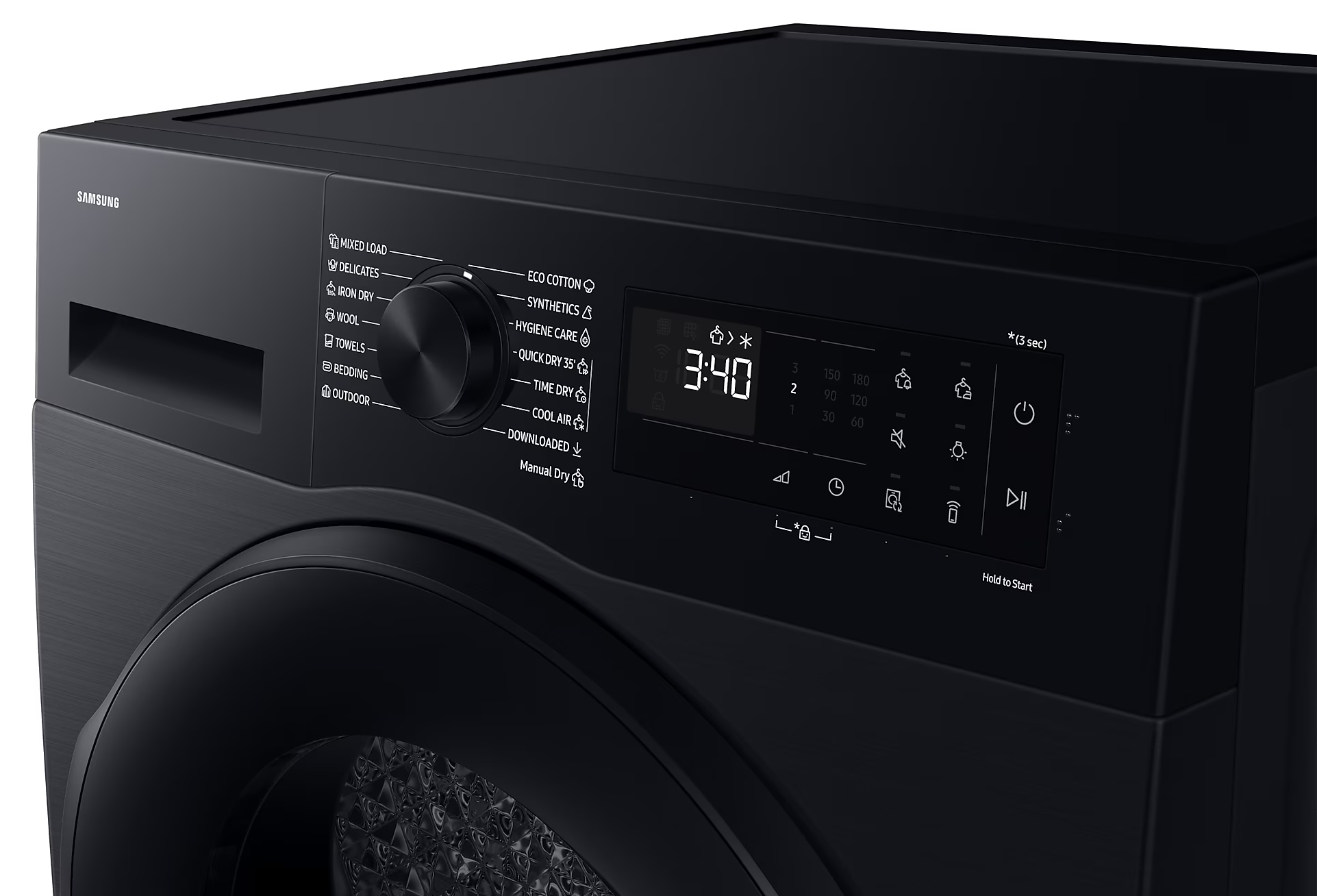 Fekete mosógép vezérlőpanel kijelzővel, gombokkal és tárcsával. Samsung logó látható.