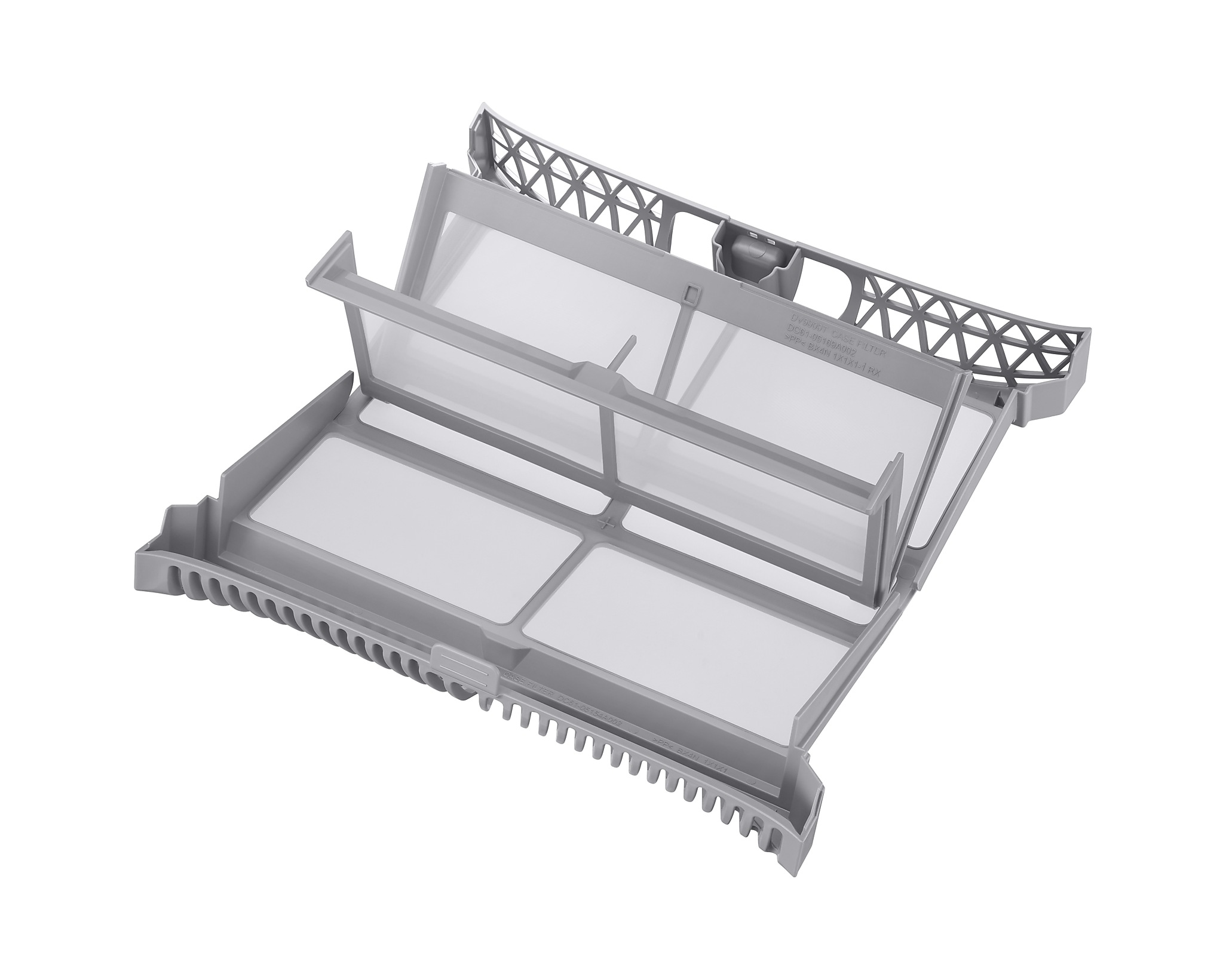 Egy nyitott szárítószűrő, amely a szűrő különböző rekeszeit és szürke színét mutatja.