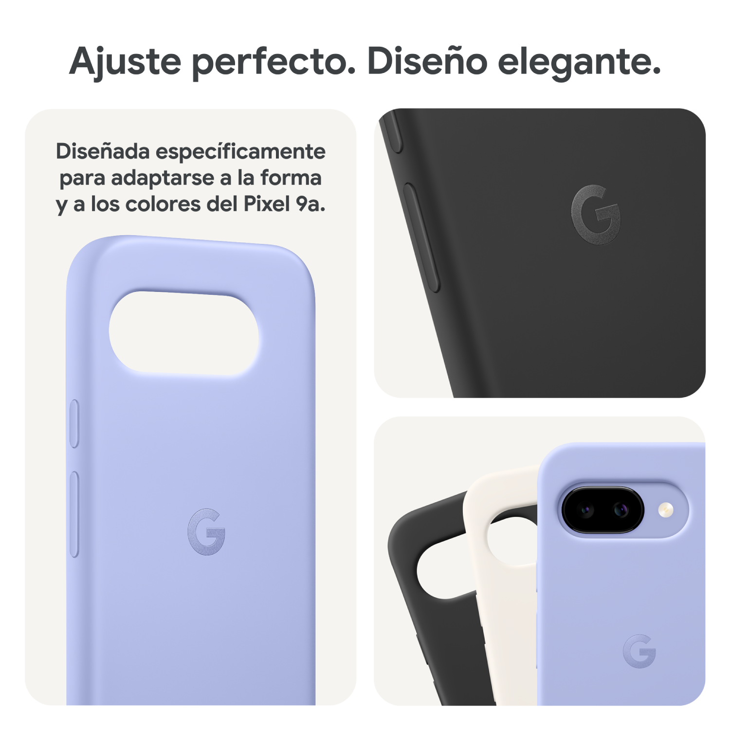 Una funda de teléfono en tres colores con el logo G y texto sobre diseño y ajuste.