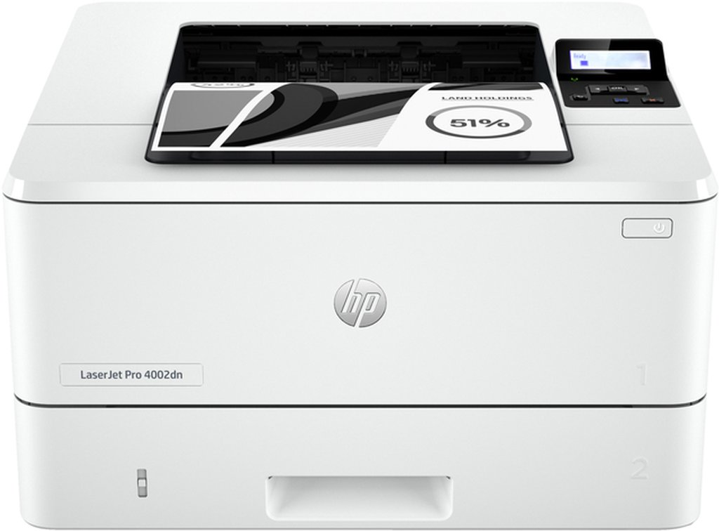Witte HP Laserjet Pro 4002dn printer met een afgedrukt document in de lade, met een financieel rapport.