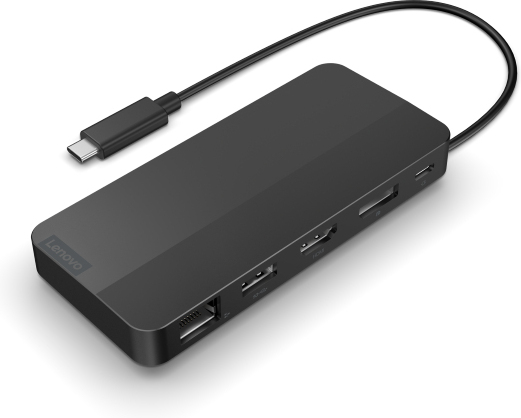 Zwarte Lenovo USB-C hub met meerdere poorten: USB, HDMI, Ethernet en meer, aangesloten op een USB-C kabel.