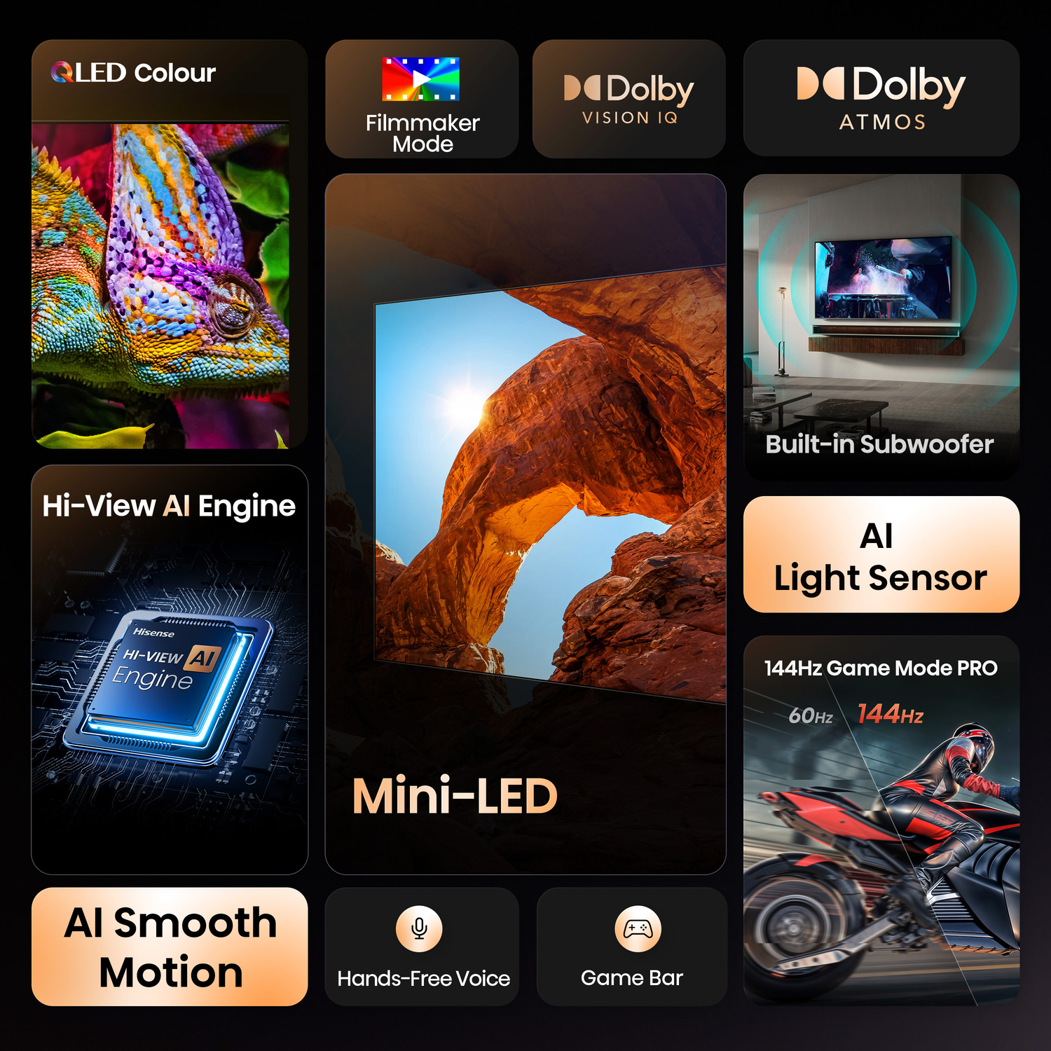 TV features: LED color, filmmaker mode, Dolby Vision IQ, Dolby Atmos, Hi-View AI Engine, and more.