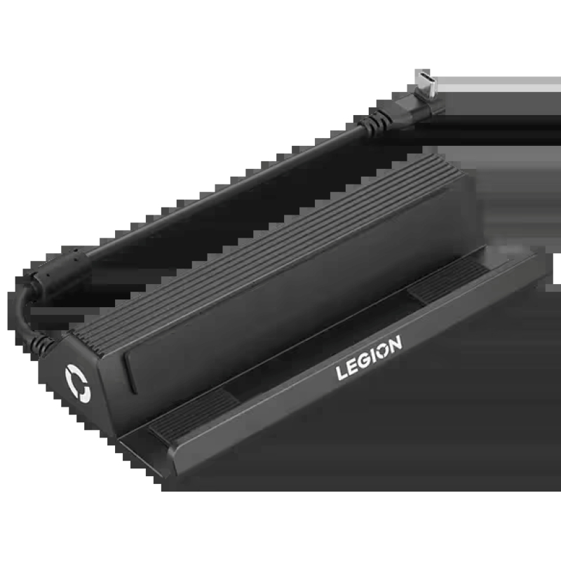 Schwarze Legion Laptop-Ladestation mit Kabel. Die Station befindet sich auf weißem Hintergrund.