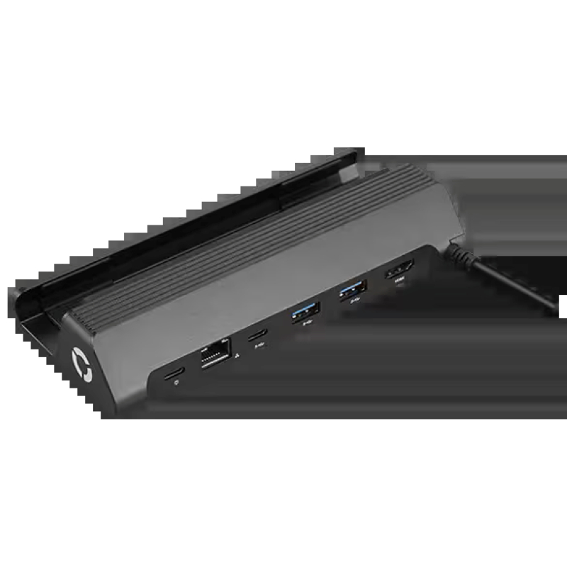 Schwarzer Hub mit mehreren Anschlüssen, einschließlich USB, HDMI und Ethernet.