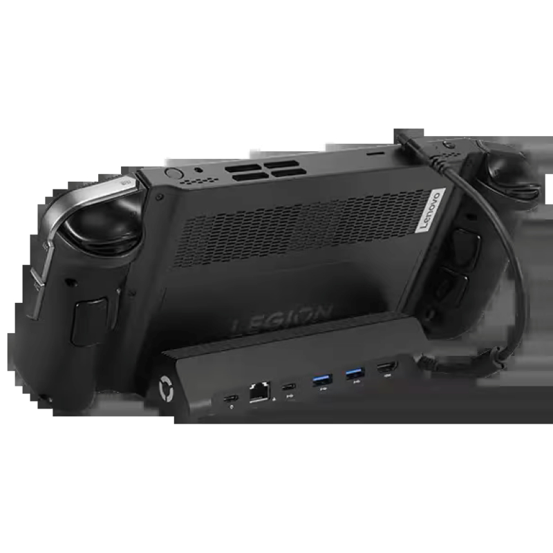 Eine schwarze Lenovo Legion Handheld-Spielkonsole mit Dock, Rückansicht.