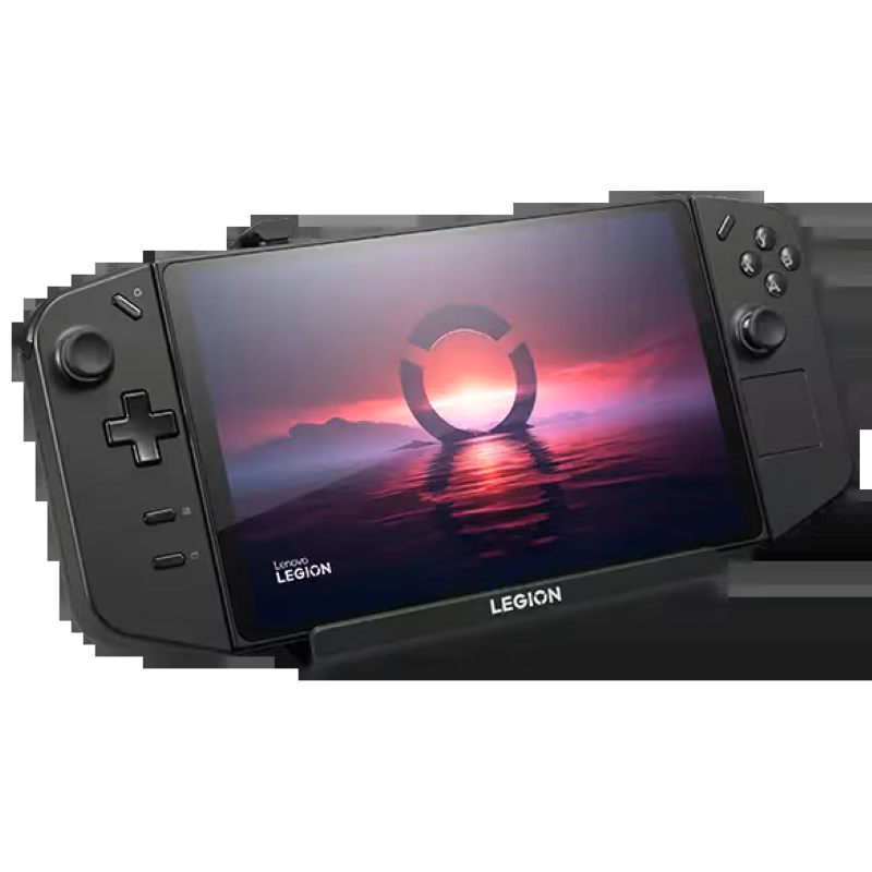 Schwarzes Handheld-Spielgerät mit Bildschirm, der eine Spielszene zeigt.