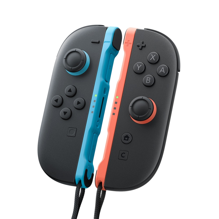 Dwa czarne kontrolery Nintendo Switch, niebieski i pomarańczowy, z przyciskami i joystickami. Czarne tło.