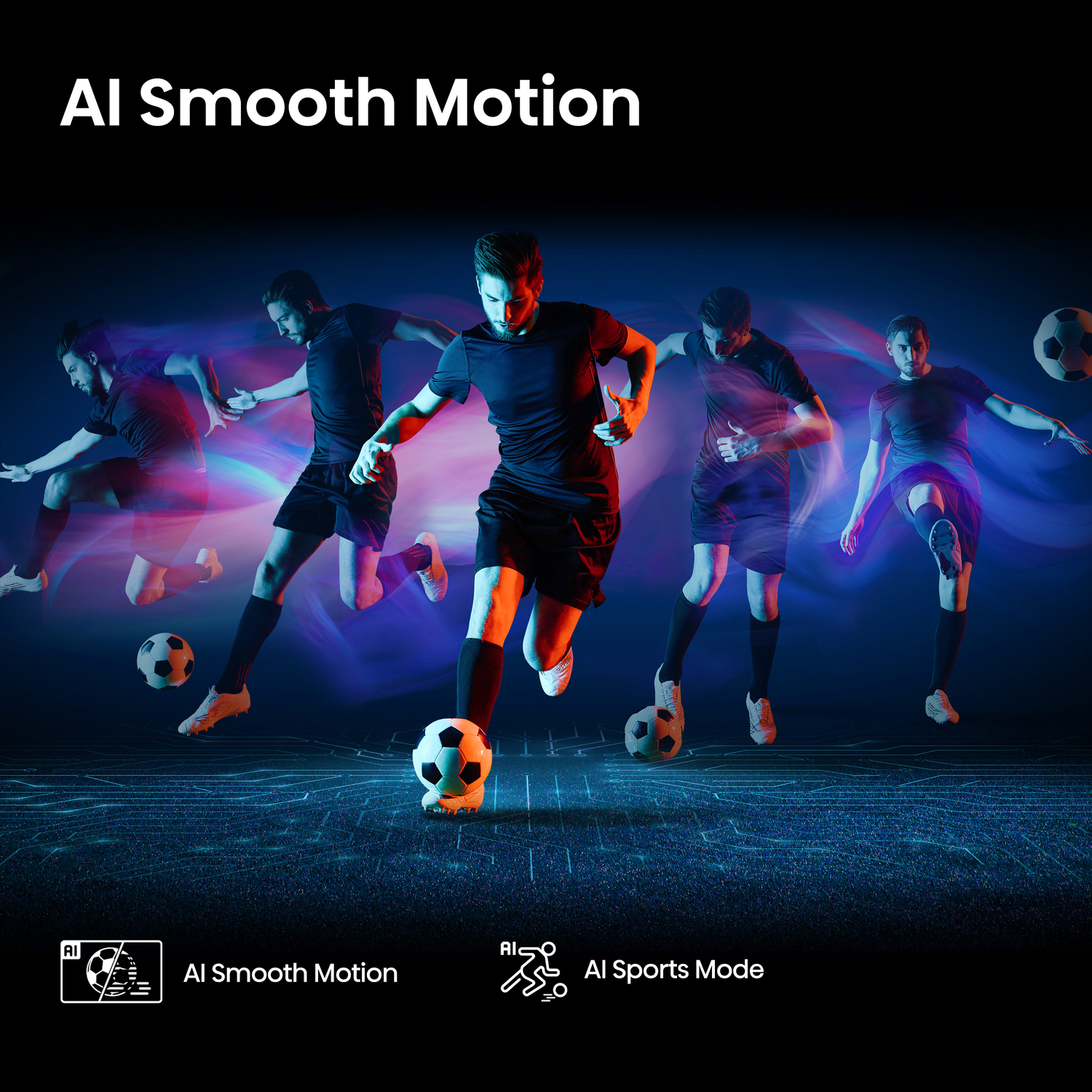 Joueurs de football en action, promouvant AI Smooth Motion. La scène a un fond bleu et rouge.